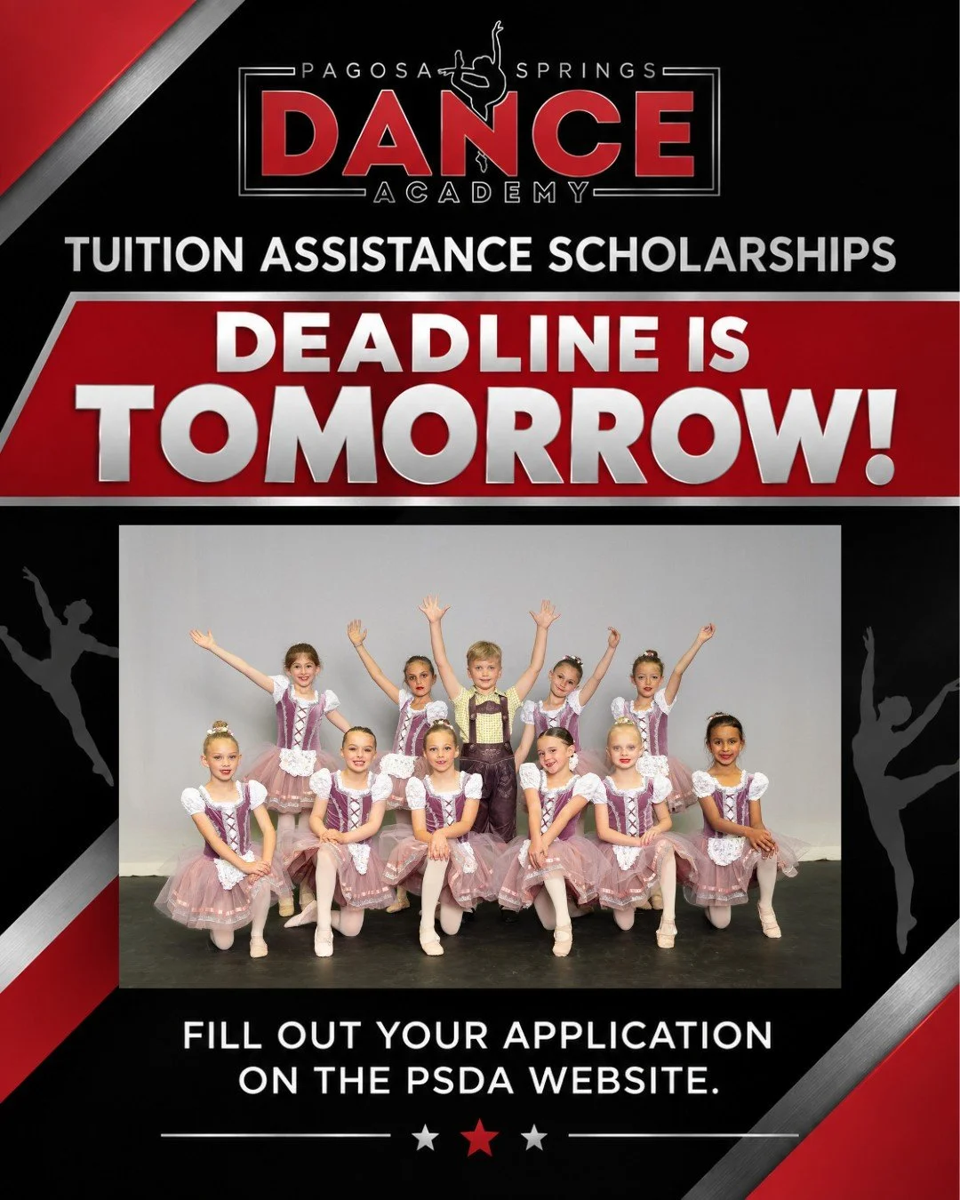 Tuition Assistance Scholarship applications are due by the end of TOMORROW, September 15! ❤️

At PSDA, we know that financial barriers can look different for every family. Maybe you have multiple children who want to dance, you&rsquo;re navigating a 