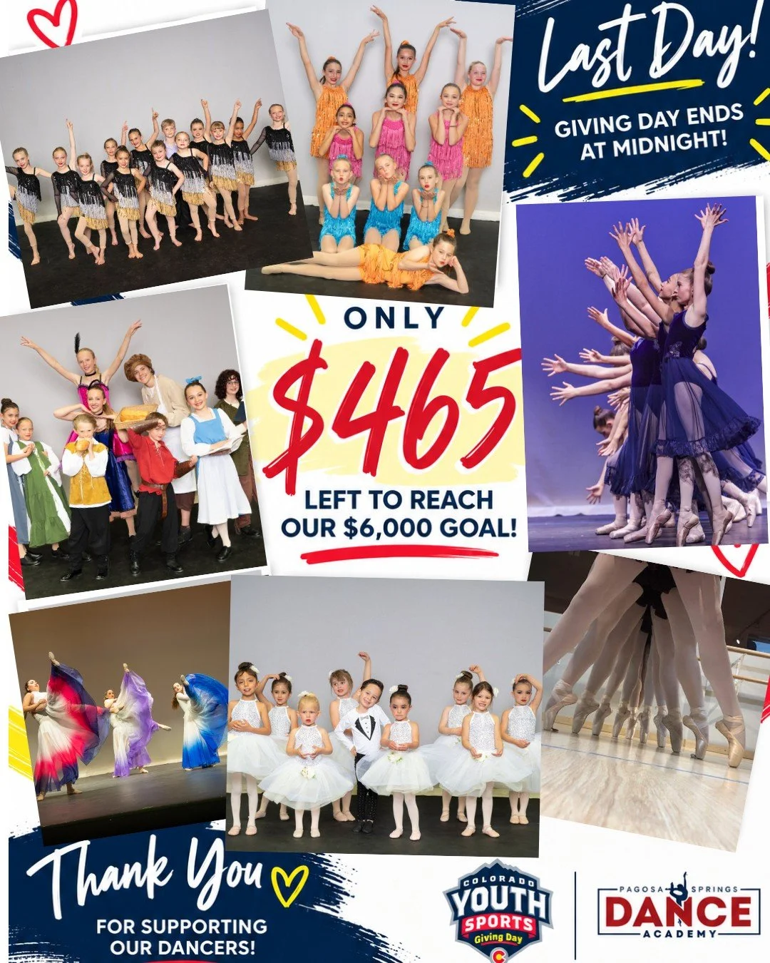 It&rsquo;s the FINAL DAY! ❤️💛💙

We are just $465 away from our $6,000 Colorado Youth Sports Giving Day goal! Giving remains open until midnight tonight, and there is still time to help us close that final gap.

Donations made before the campaign en