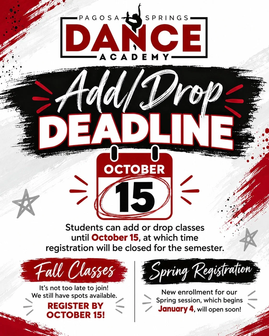 It is not too late to join us for Fall classes at PSDA!!! ❤️🖤

Our Add/Drop Deadline is October 15, which means time is running out to register for new classes and/or swap classes to find the right fit.

Even more reason to join: our leveled classes