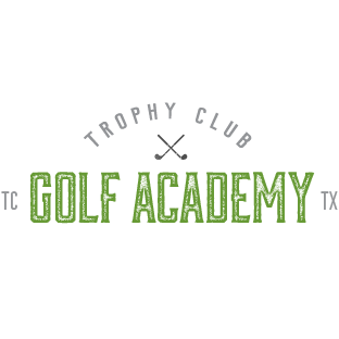 Logo design for golf academy, Trophy Club Golf Academy featuring green and white text with crossed golf clubs