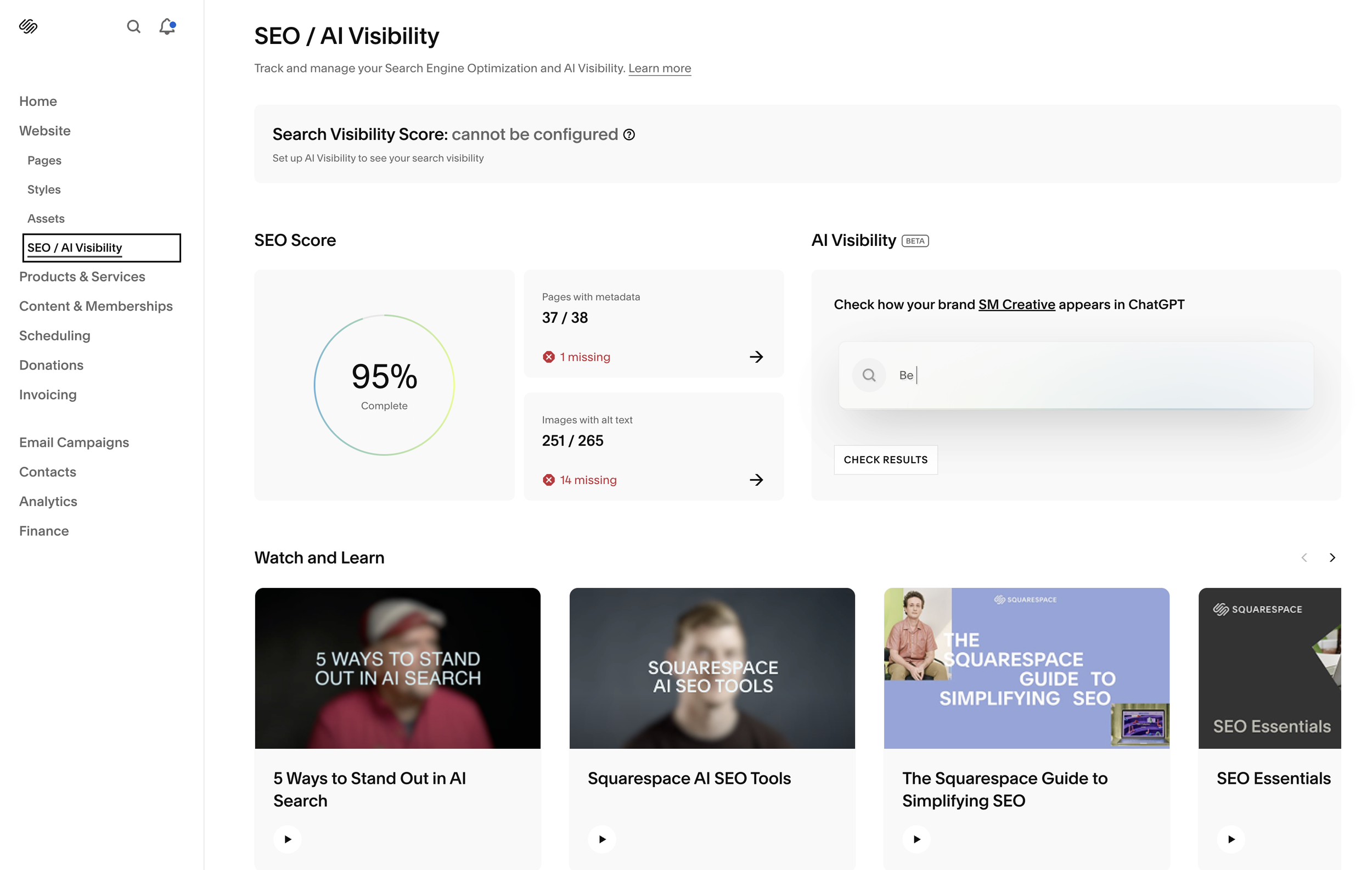 Screenshot of the SEO/AI visibility dashboard inside of Squarespace. Featuring your SEO score and action buttons to fix missing metadata and images without alt text