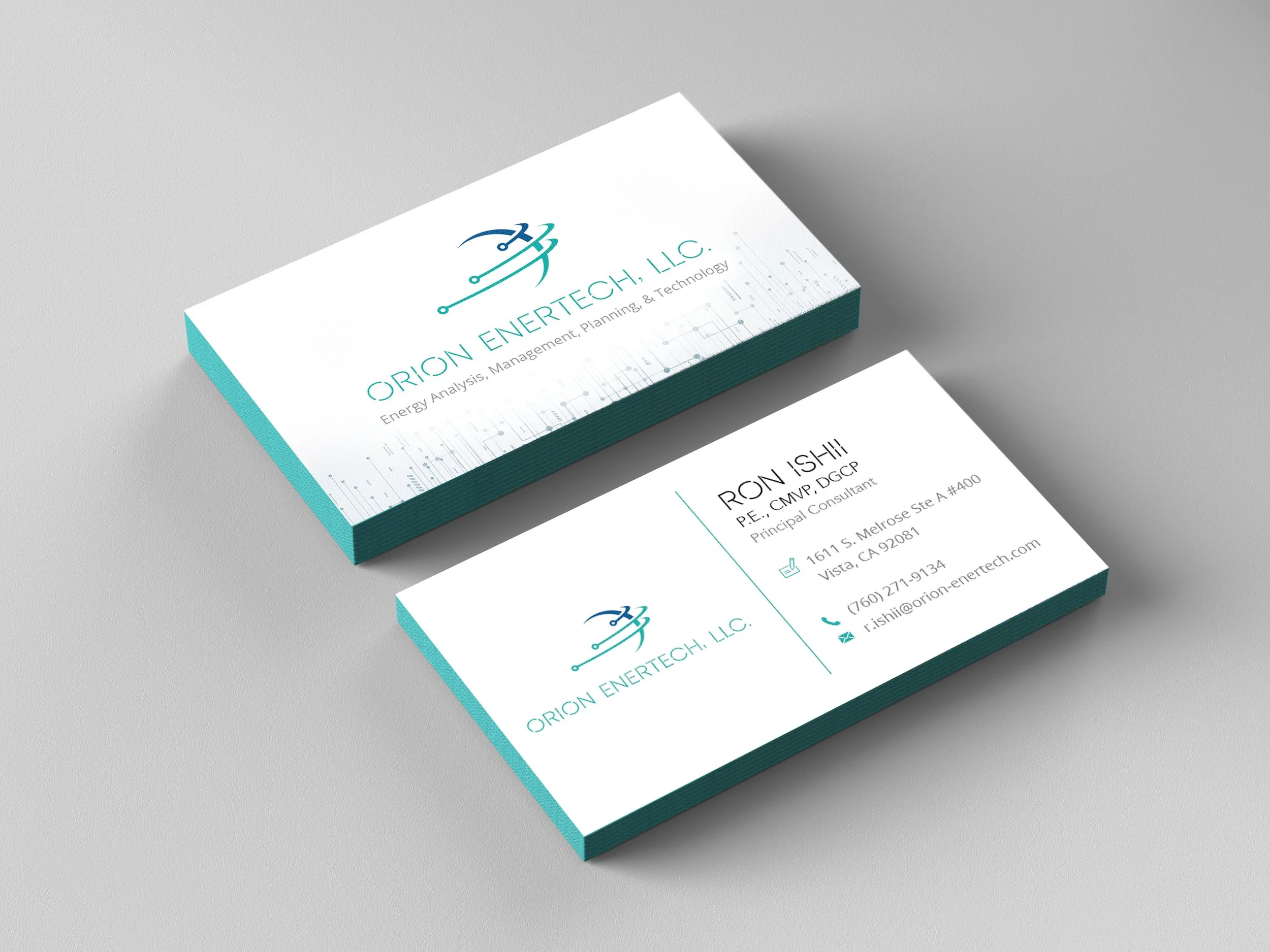 Logo Design, Business card design for Orion Enertech LLC, featuring a logo with a circuit and energy symbol, and contact details for Ron Ishi.