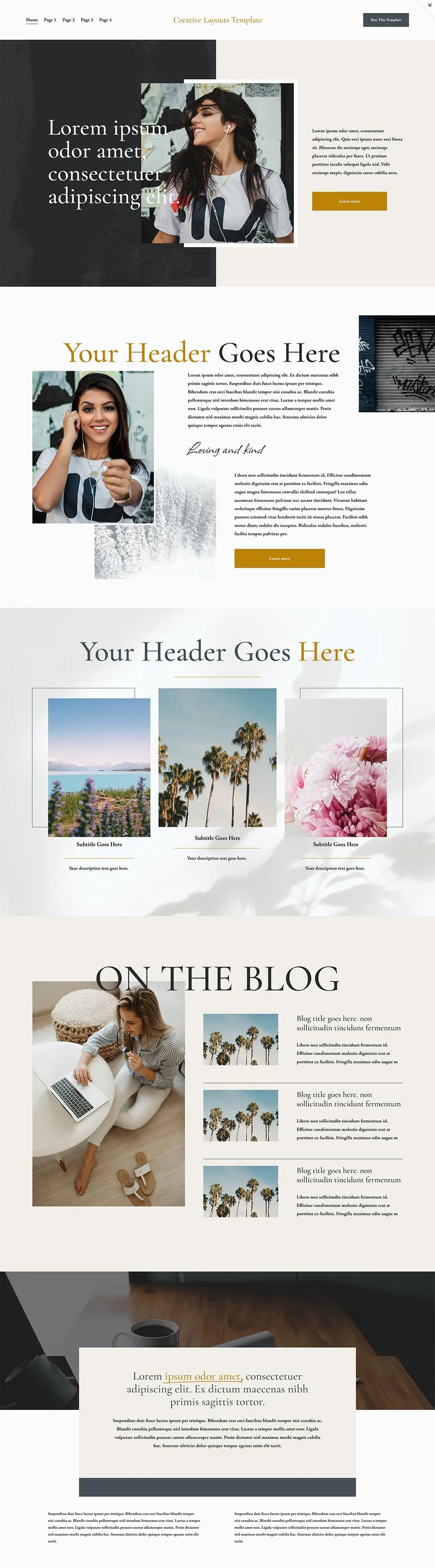 A vertically scrolling website design with multiple creative sections, including header, images of women, nature, and flowers, with sample text and placeholders for content and titles.