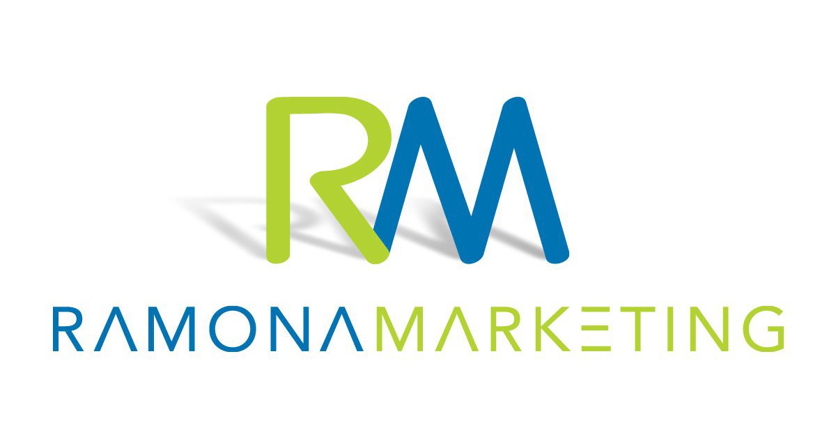 Logo Design for marketing agency, Ramona Marketing featuring stylized letters RM and text in blue and green.