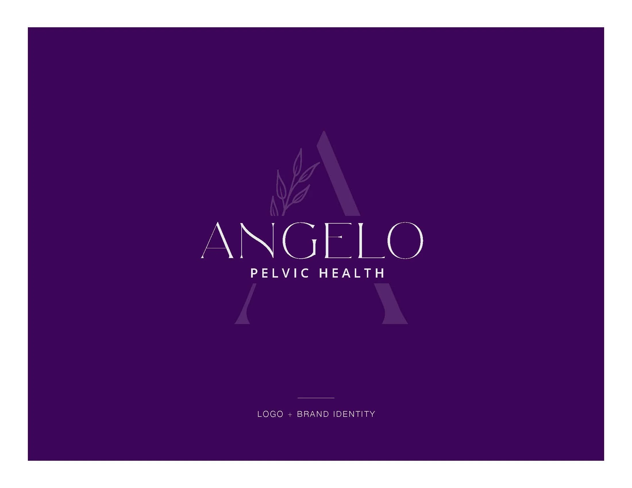 Logo and brand design for women's health provider, Purple background with a stylized letter A, a branch illustration, and the text 'ANGELO Pelvic Health'