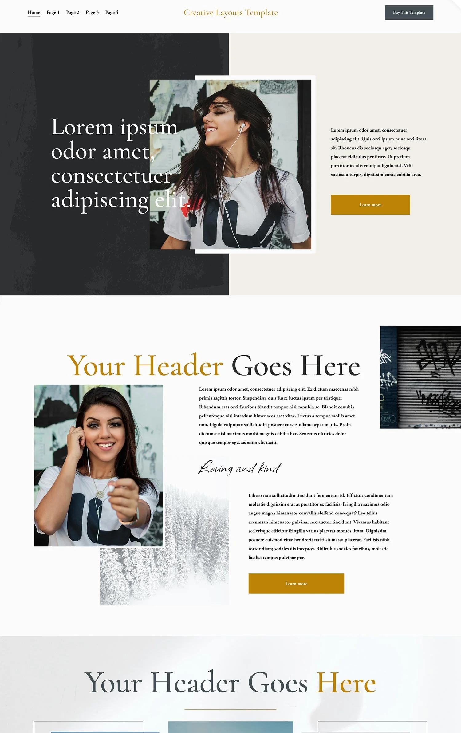 A creative website design template featuring images of smiling young women listening to music. The template includes sections with headers, placeholder text, and 'Learn more' buttons, using a modern design with black, white, grey, and gold accents.