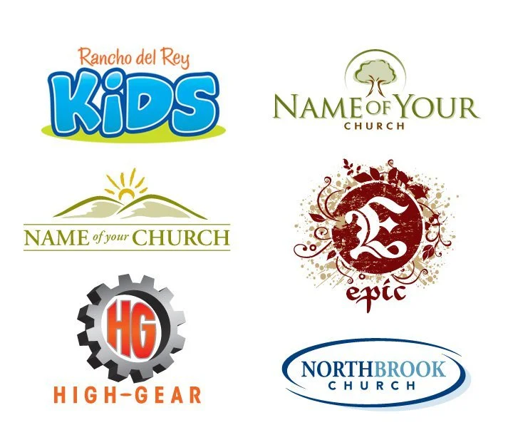 Collection of six different church logo designs, including playful, traditional, and modern styles.