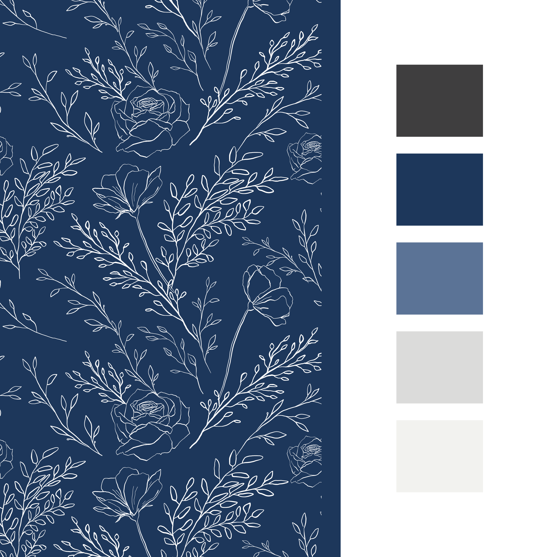 A floral pattern design with white line drawings of roses and leaves on a navy background, adjacent to a color palette with shades of gray and blue.