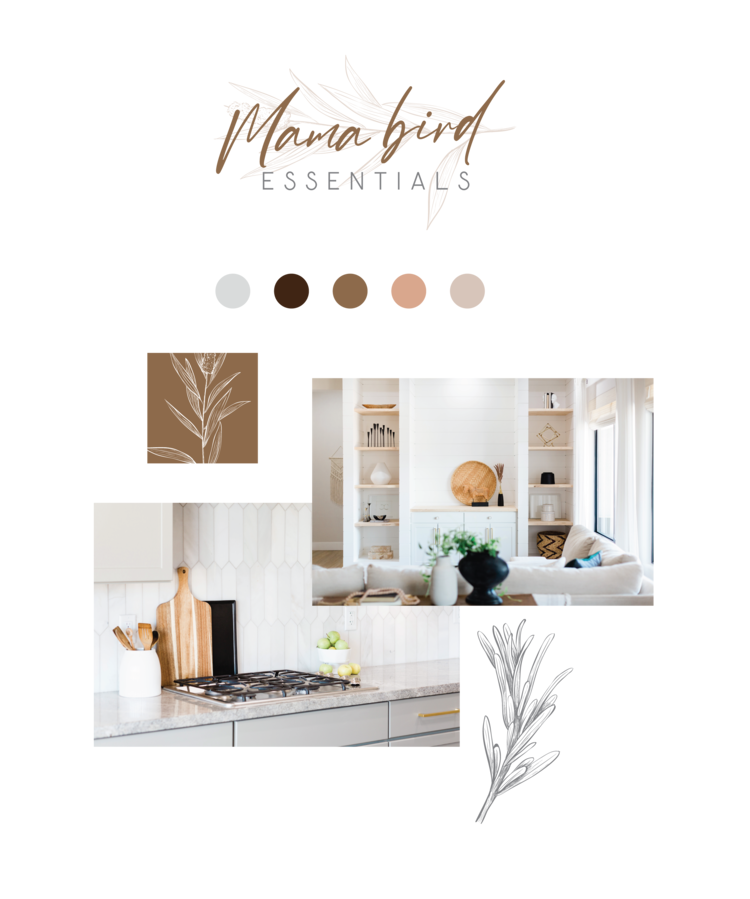 Logo and brand design for women owned business, Mama Bird Essential oils featuring neutral tones, minimalist art of a leaf, and interior photos of a modern kitchen and living room with neutral color schemes and natural accents.