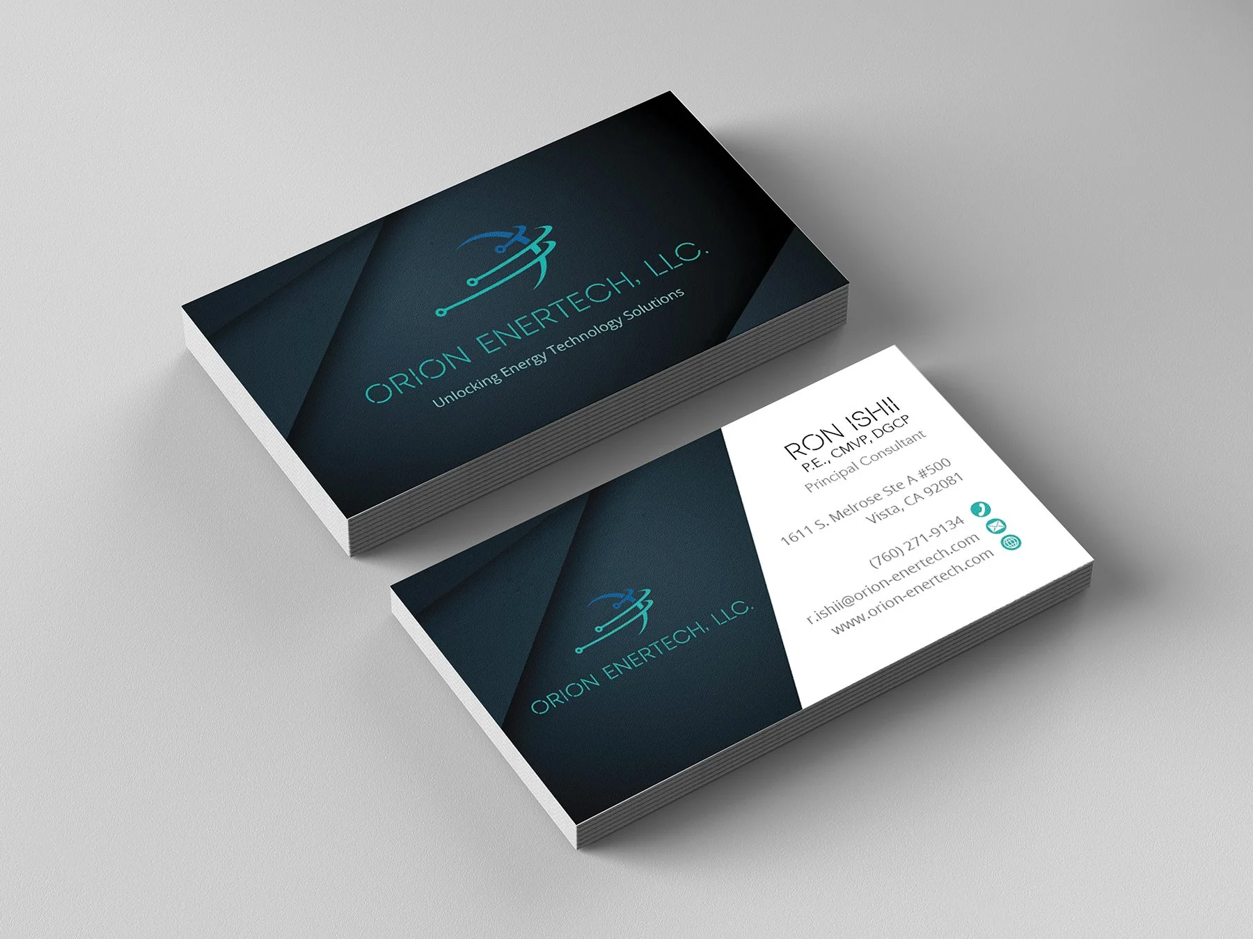 Business card design for tech company, Orion Enertech LLC with a dark blue and white color scheme, featuring the company logo and contact information.