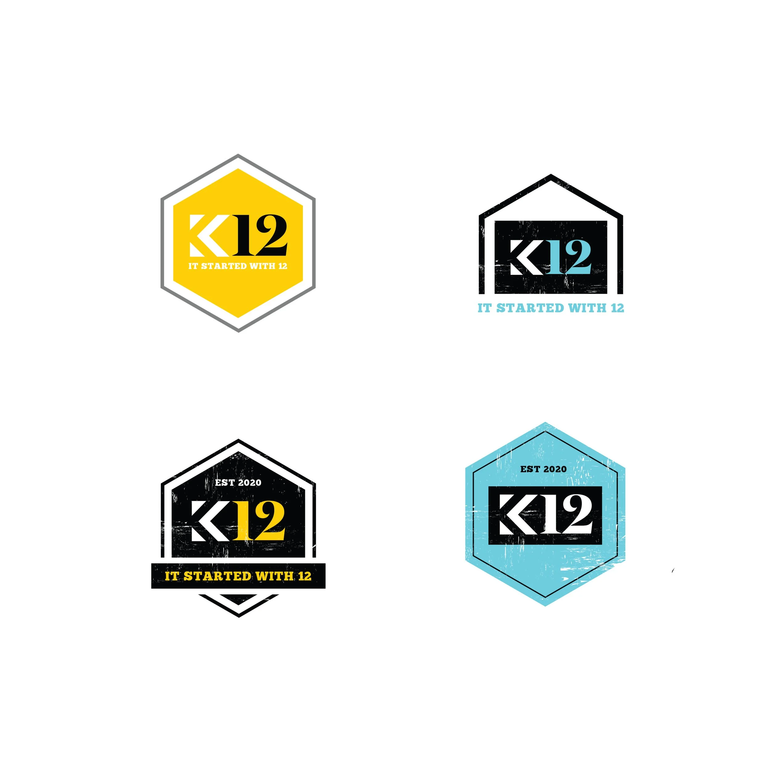Four different logo designs for K12 with varying colors and styles, each featuring the phrase "IT STARTED WITH 12" or "EST 2020".