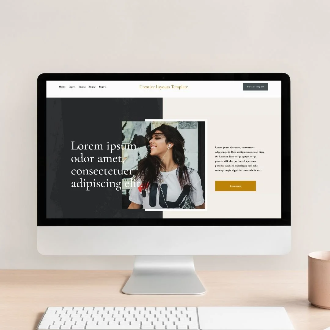 Computer monitor displaying a website design template with an image of a smiling woman with dark hair, wearing earphones, on a white background with black and gold accents.