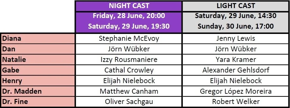 Schedule of theater performances with cast names for night and light shows on different dates.