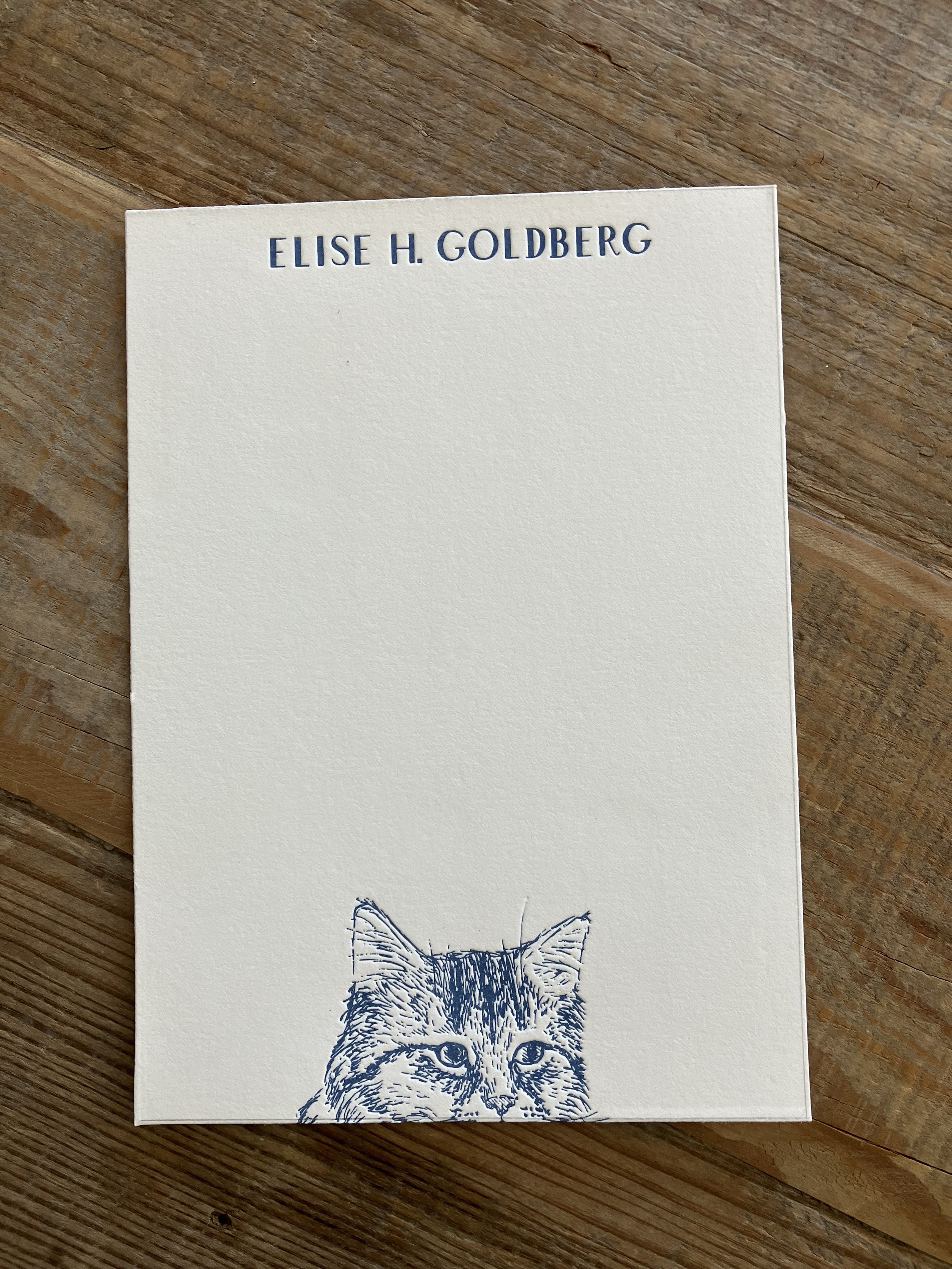 Notecard with "Elise H. Goldberg" at the top and a cat illustration at the bottom.