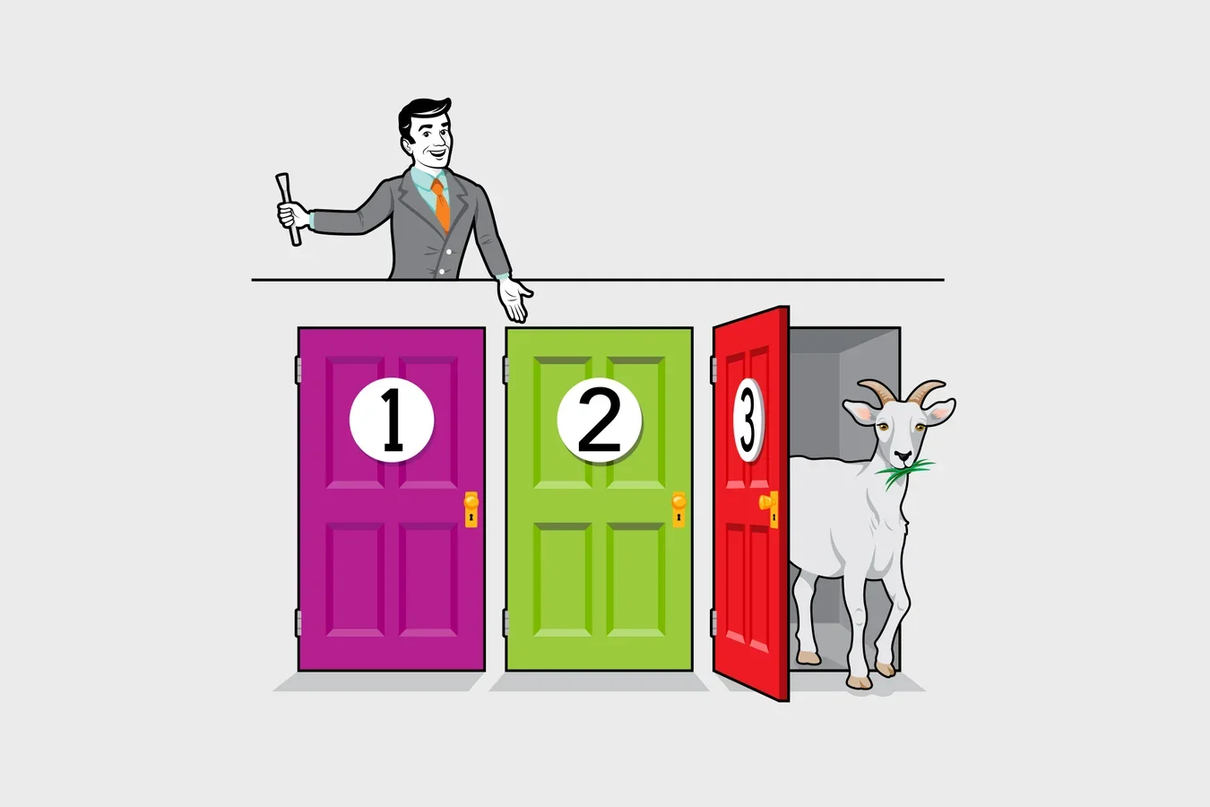 Digital illustration of three doors, a host, and a goat