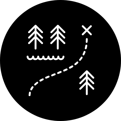 Trail map with trees, water, and a marked route leading to an 'X' signifying a destination.