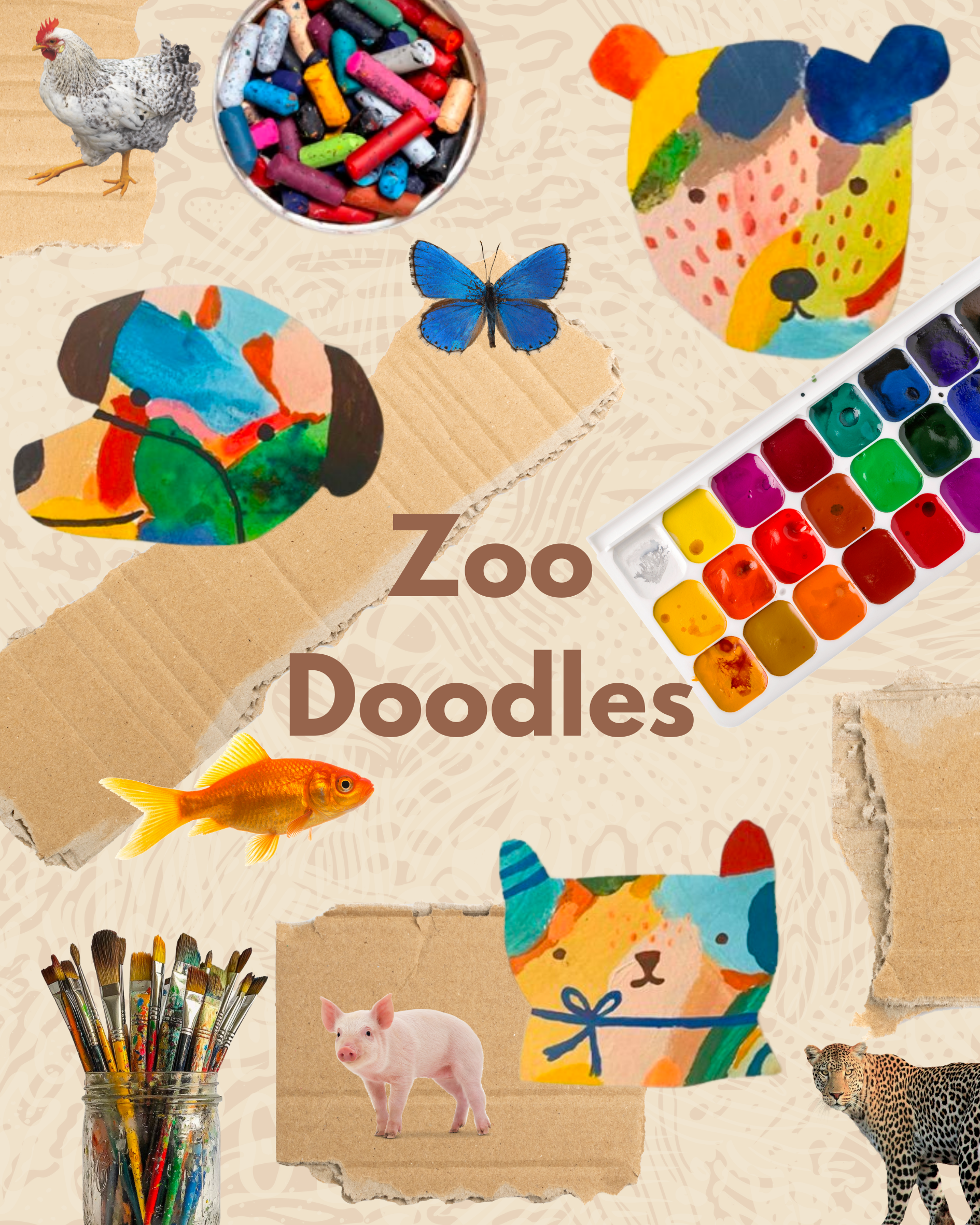 Collage of animals, art supplies, and colorful doodles with the text "Zoo Doodles" in the center.