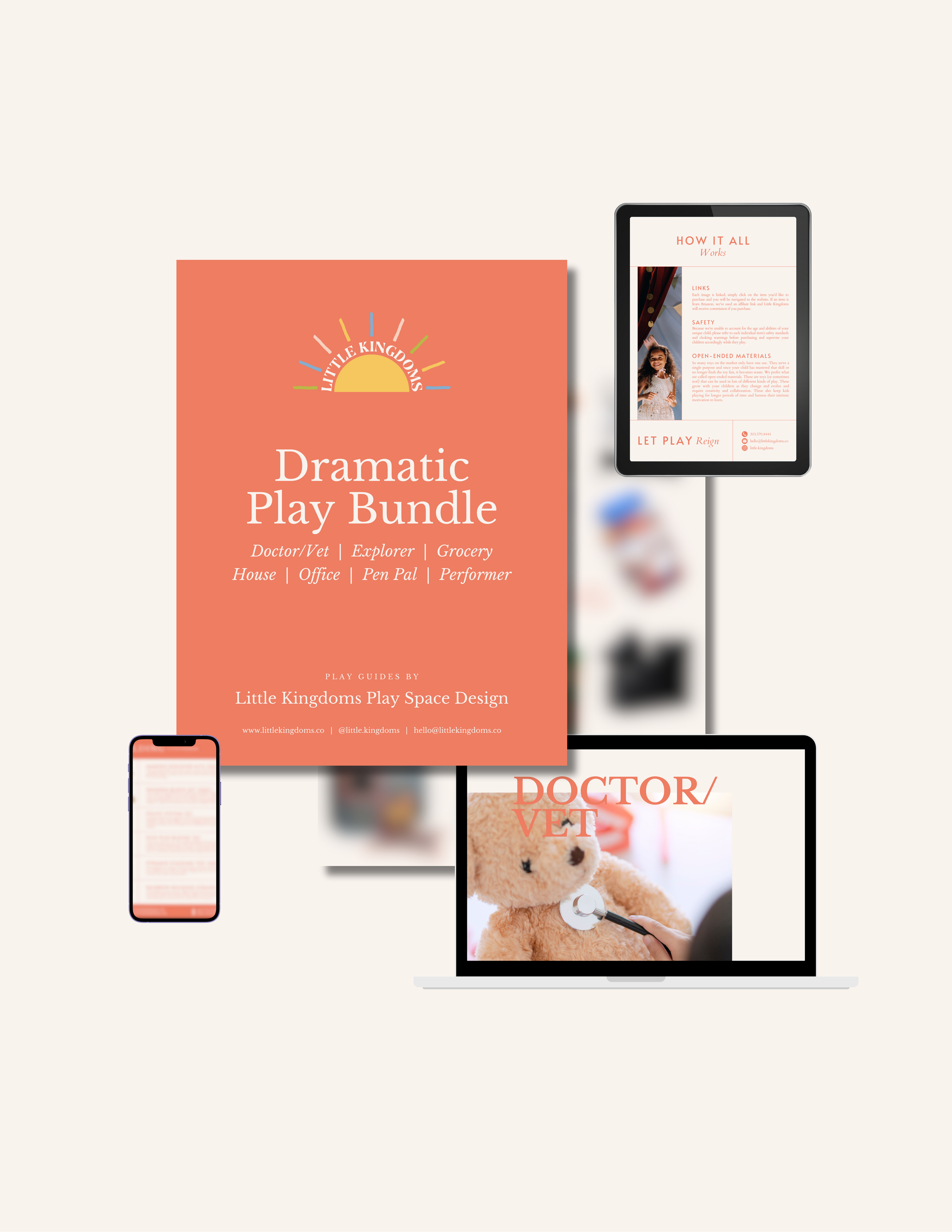 Digital mockup showing the Dramatic Play Bundle on a phone, iPad, and computer, featuring guide covers for Doctor:Vet and Performerpretend play.png
