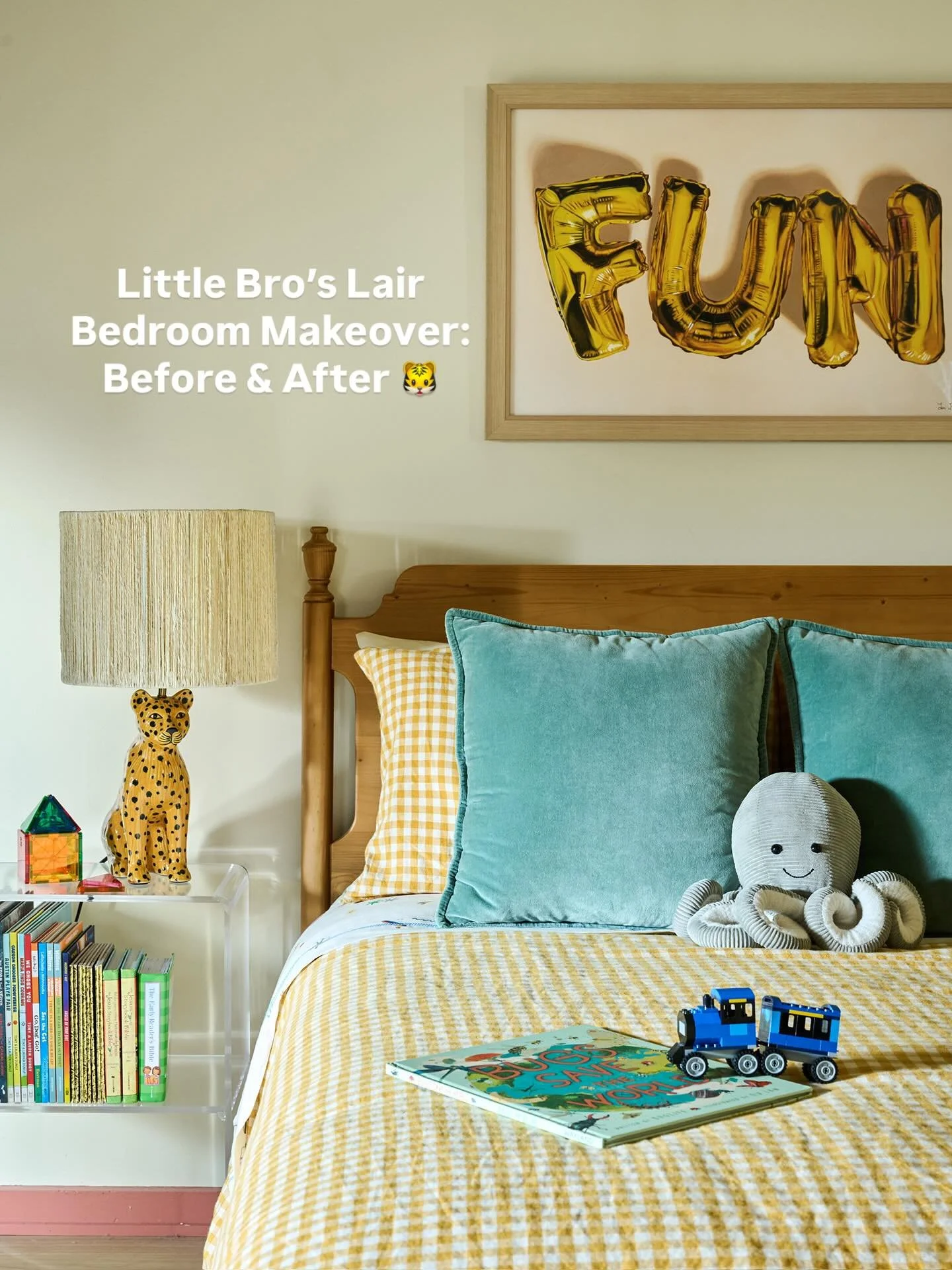 A playfully wild bedroom fit for a youngest child!! Swipe through to see how we transformed this space!

#kidsroommakeover #kidsbedroom #kidsroominspo #colorfulhome #boymomlife #playroomideas #kidsinteriors