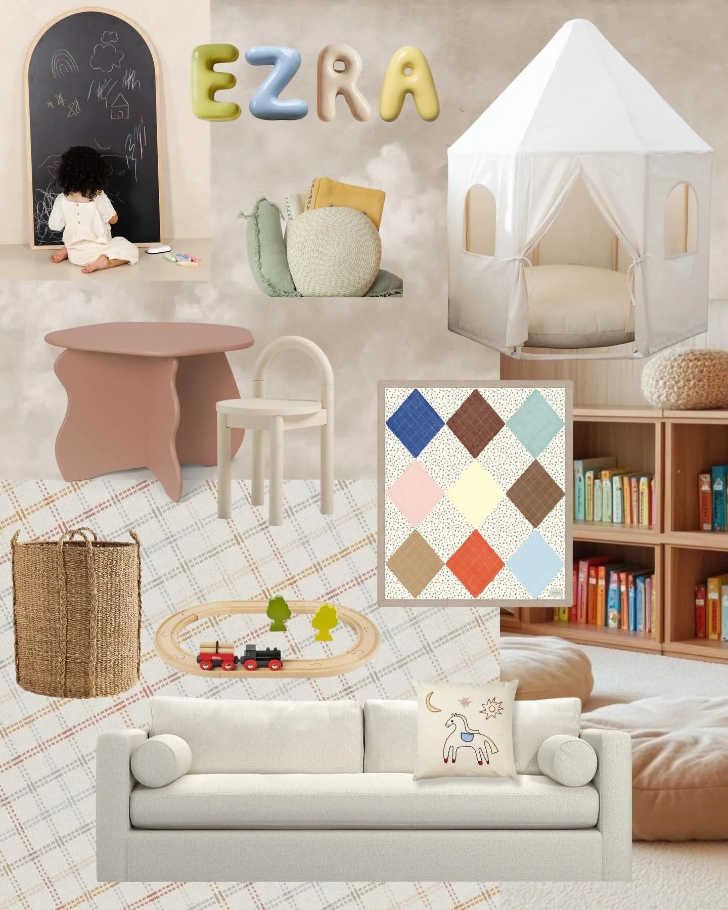Nothing like dreaming up a new playroom! Our client requested a space with a neutral base and pops of color to complement the style of their modern home. 

Mood board 1: Cool neutrals with multicolor accents
Mood board 2: Warm neutrals with blue note