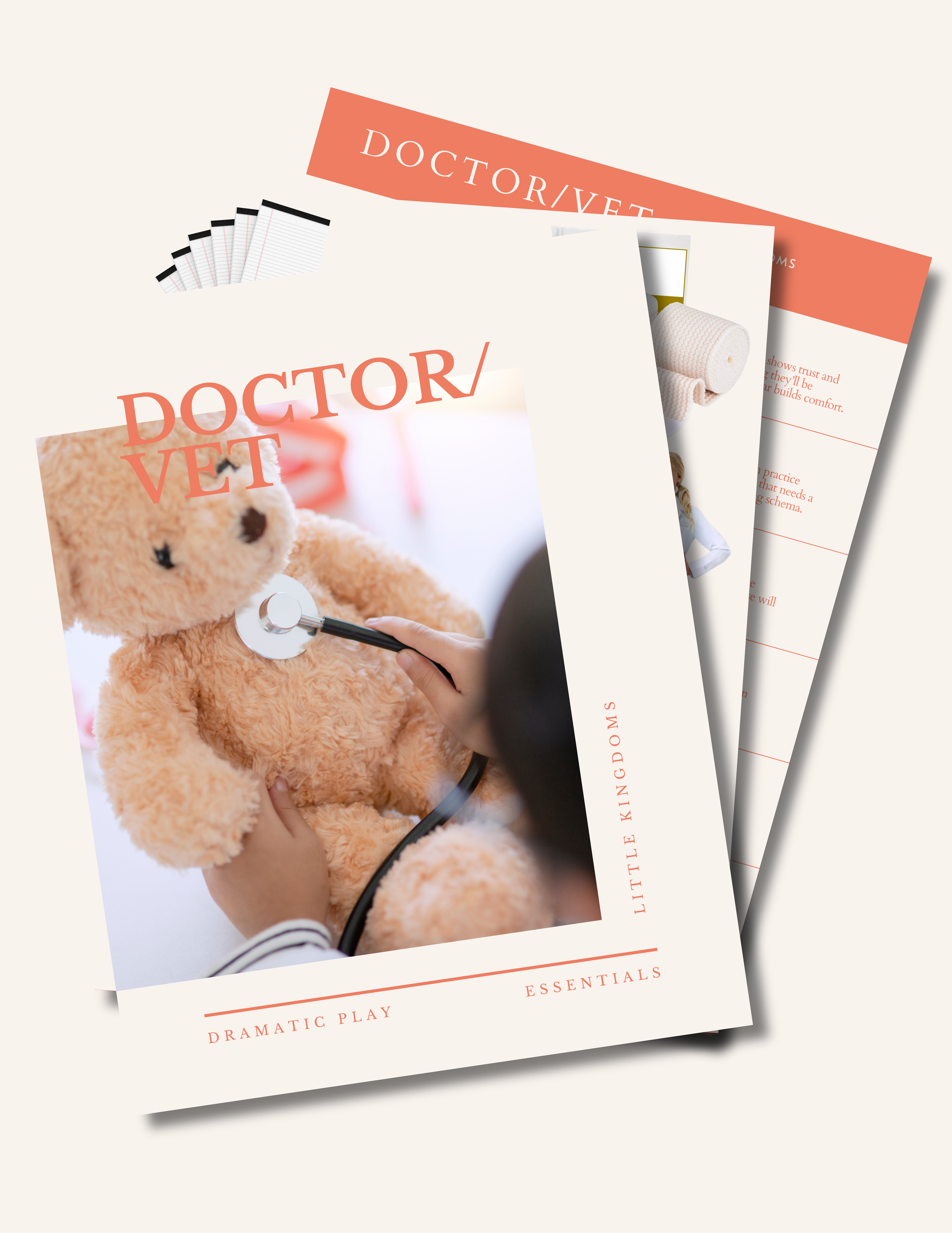 Doctor:Vet dramatic play guide PDF mockup with a tablet and preview pages showing toys like a stethoscope, a doctor's kit, and stuffed animals.png