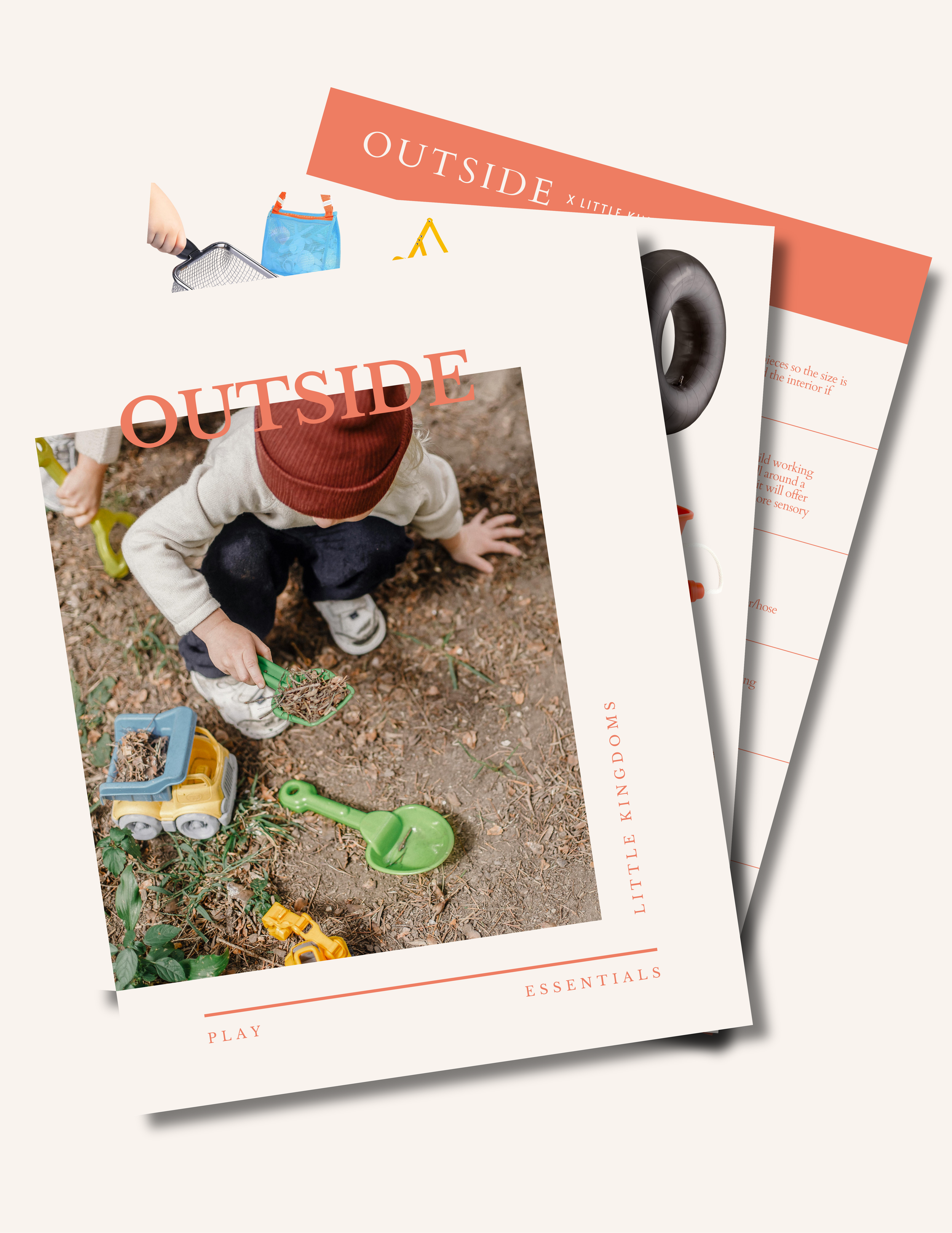 Outside toy guide PDF mockup with a tablet and preview pages showing toys like tire, shovels, and a truck.png