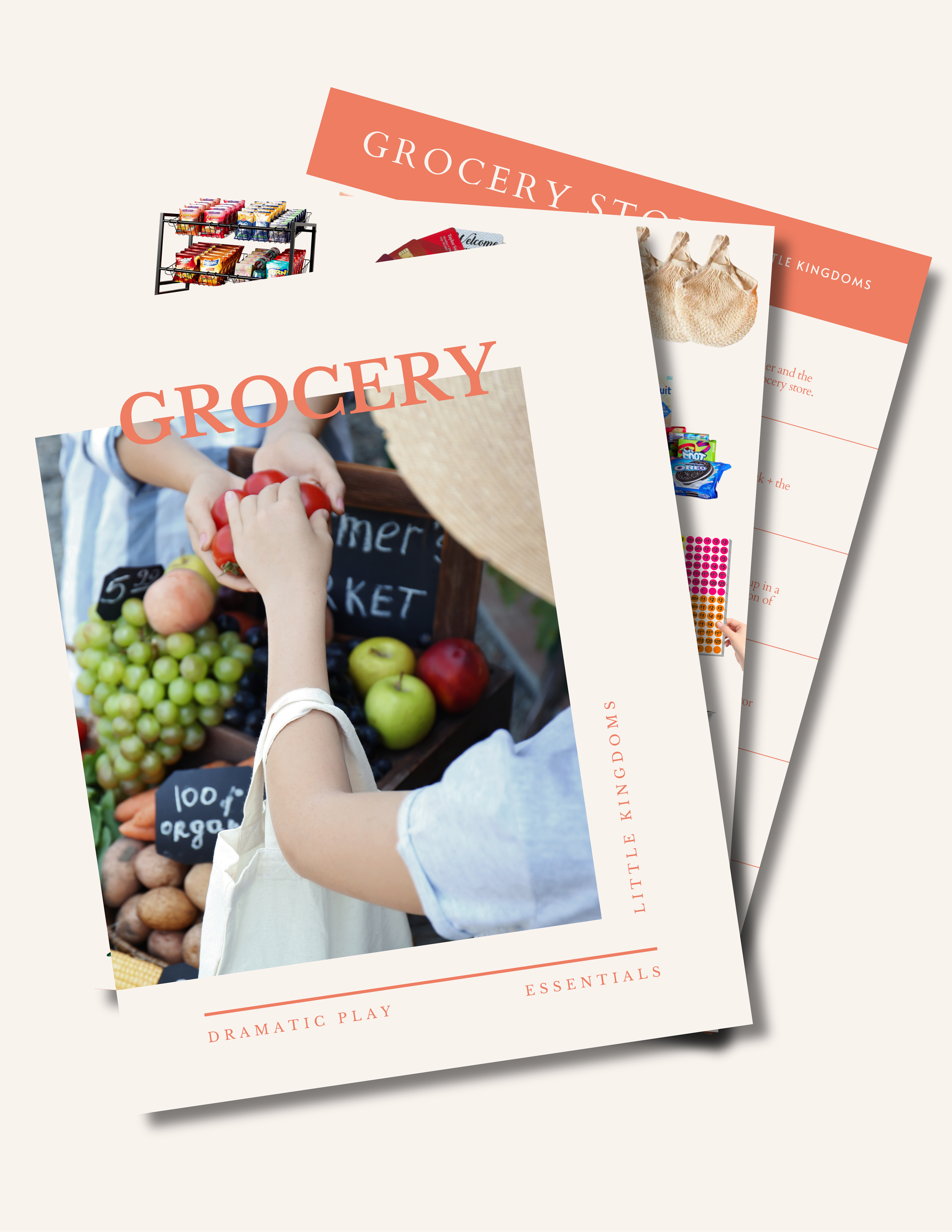 Grocery dramatic play guide PDF mockup with a tablet and preview pages showing toys like a cash register, pretend food, and a shopping basket.png