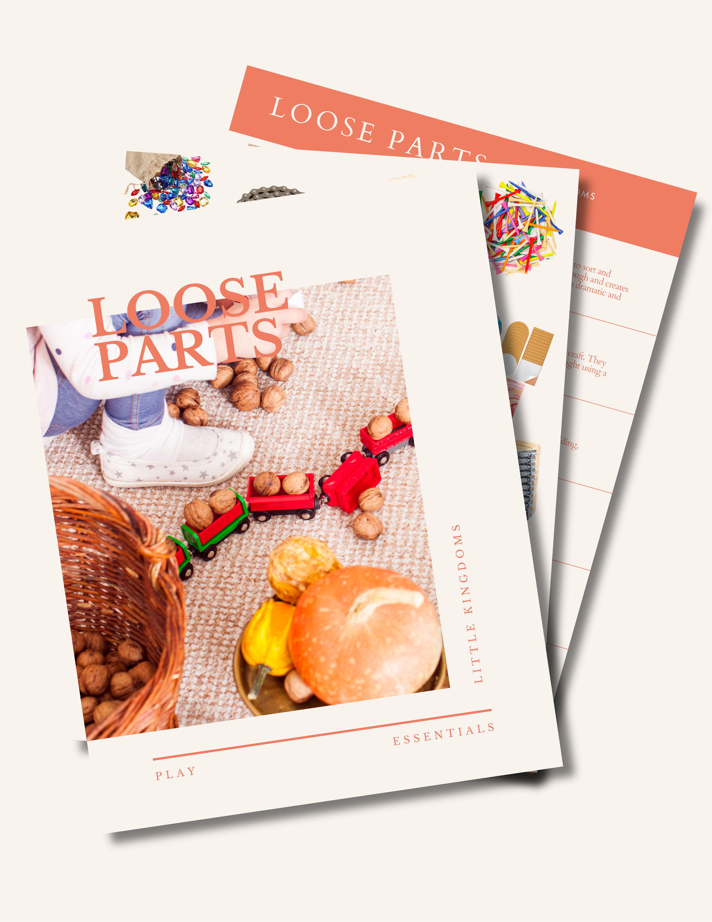 Loose parts play guide PDF mockup with a tablet and preview pages showing items like gems, golf tees, and cork.png