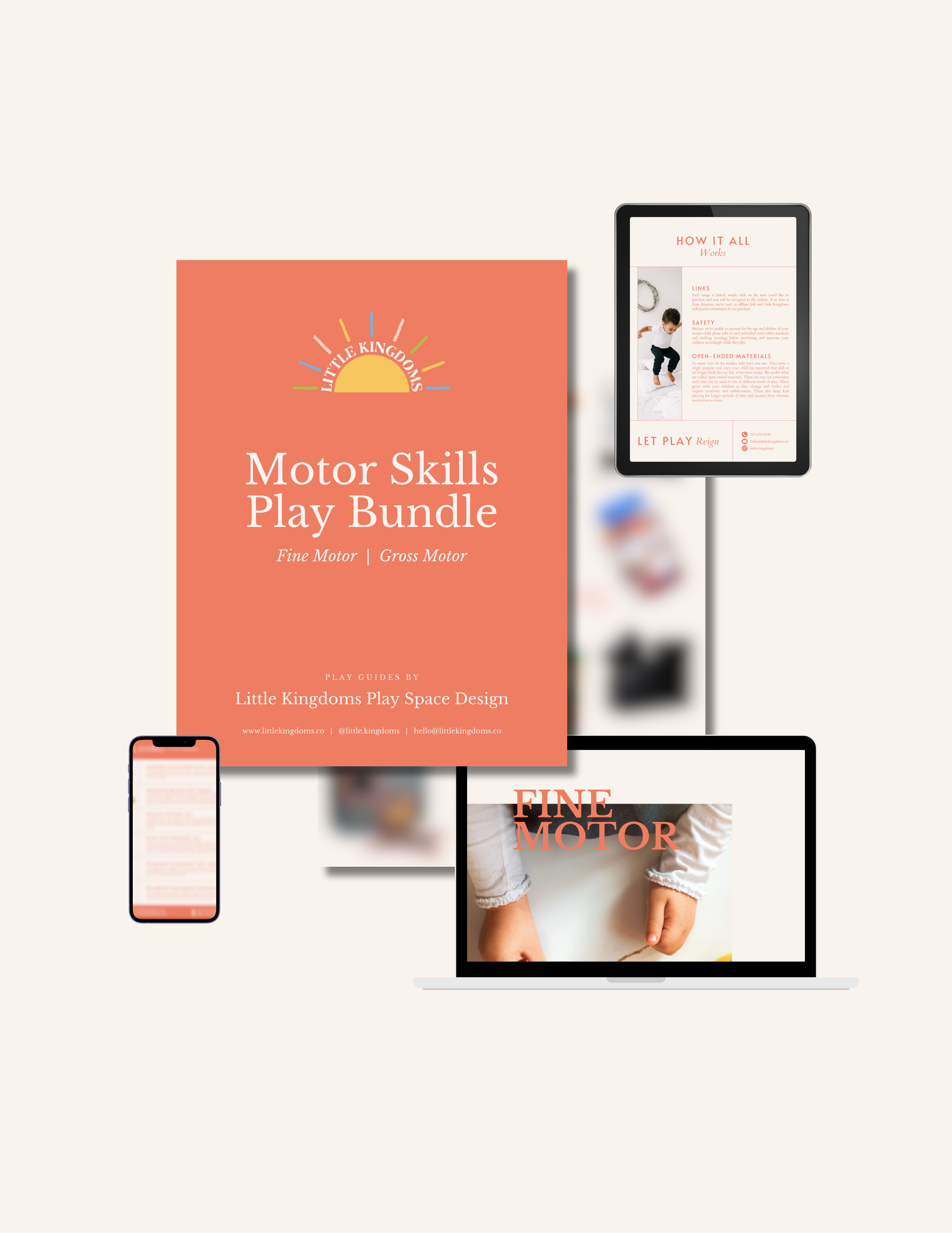 Mockup of a phone, tablet, and laptop displaying the Motor Skills Toy Guide Bundle, which includes the Fine Motor and Gross Motor toy guides.png