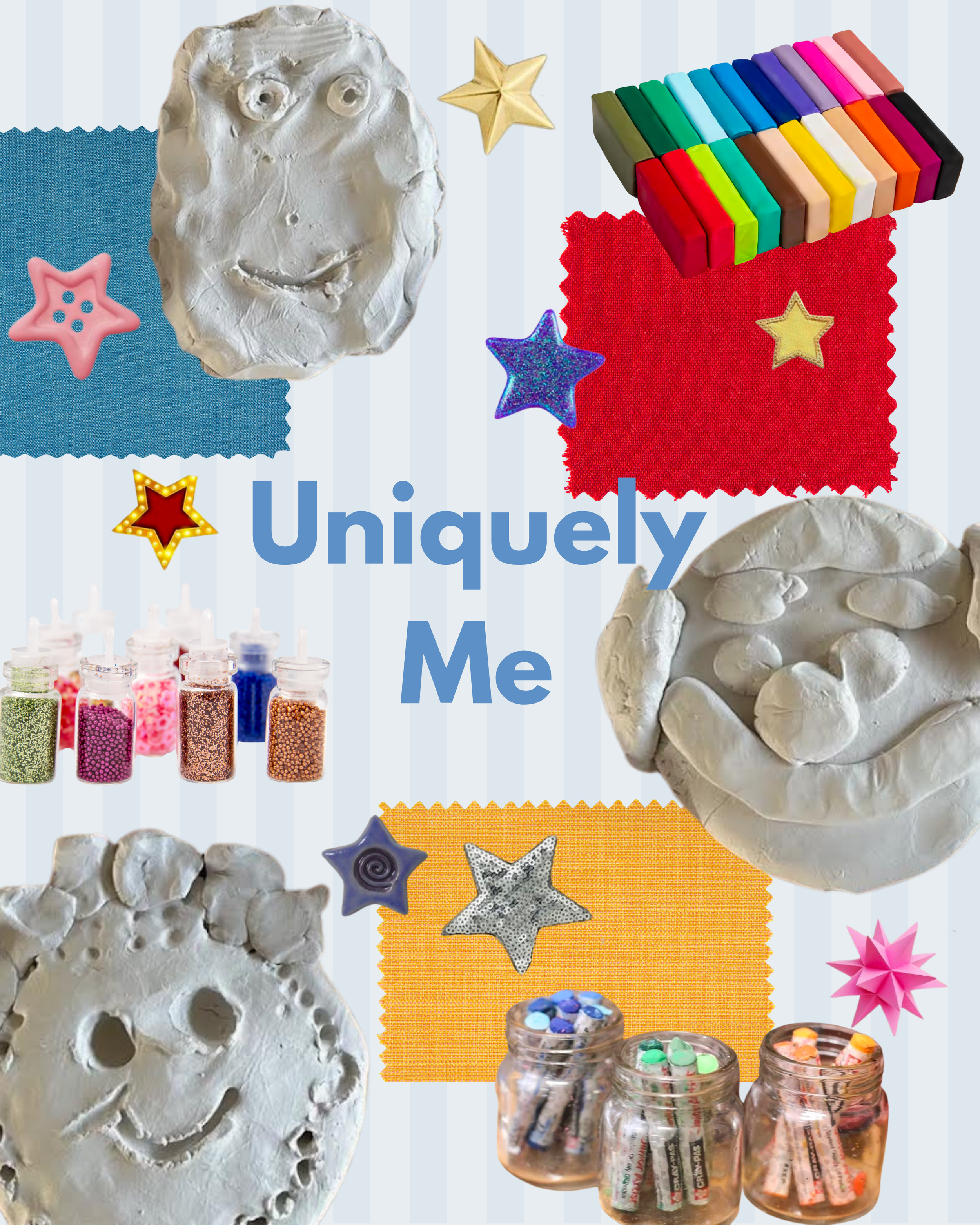 A collage of colorful craft supplies including clay face sculptures, star-shaped decorations, markers, glitter jars, colored foam pieces, and small jars filled with beads, with the words "Uniquely Me" in blue text in the center.