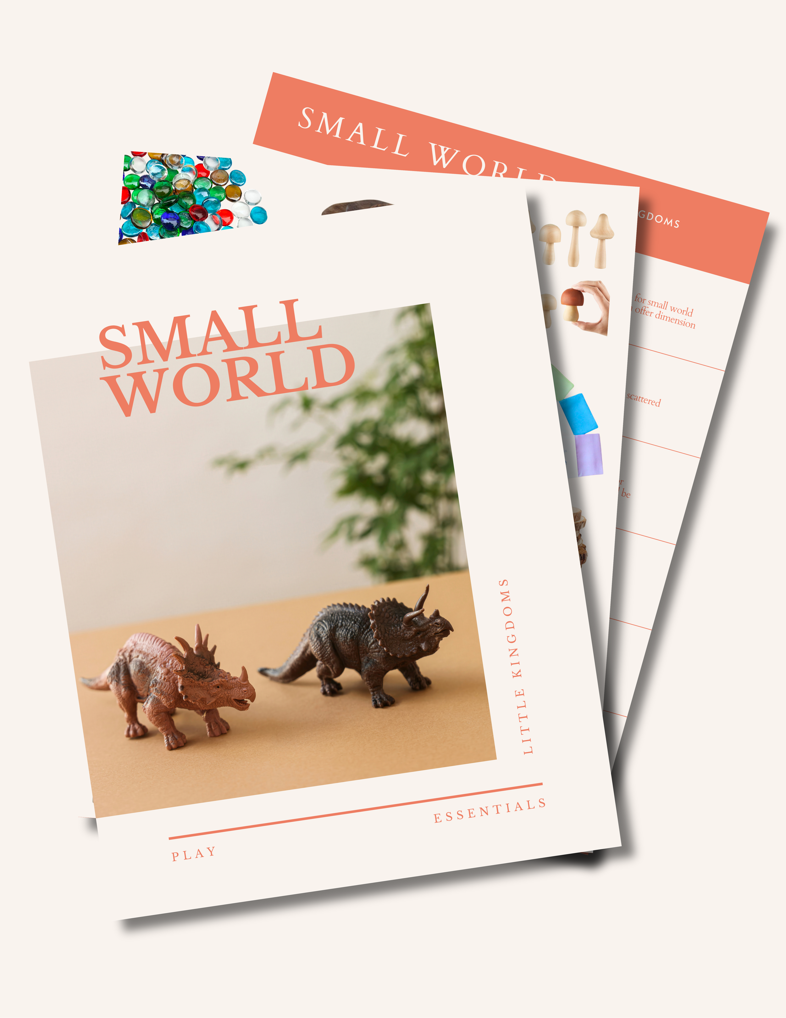 Small world play guide PDF mockup with a tablet and preview pages showing miniature figurines, a play mat, and building blocks..png