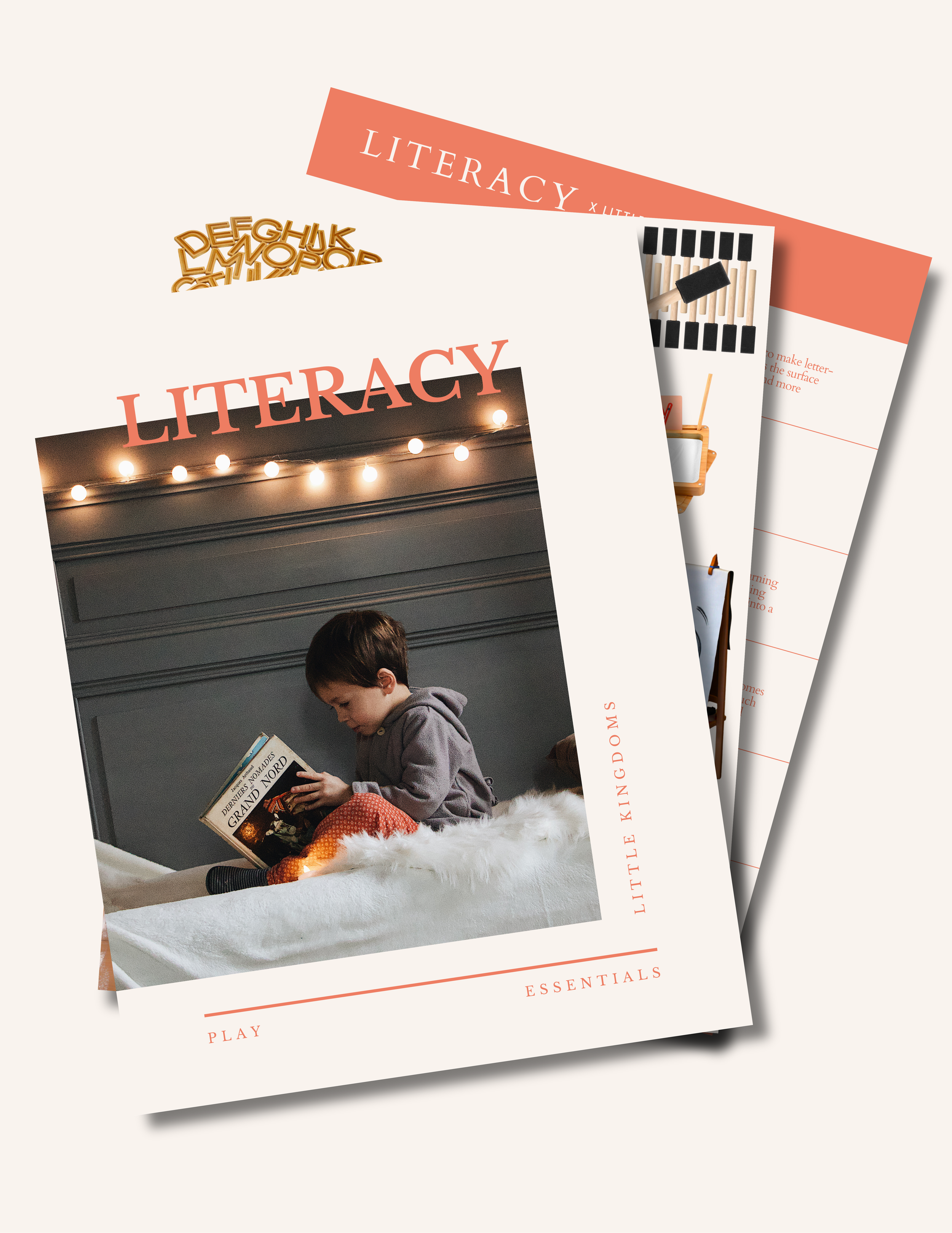 Literacy toy guide PDF mockup with tablet and preview pages showing 12 educational toys for kids.png