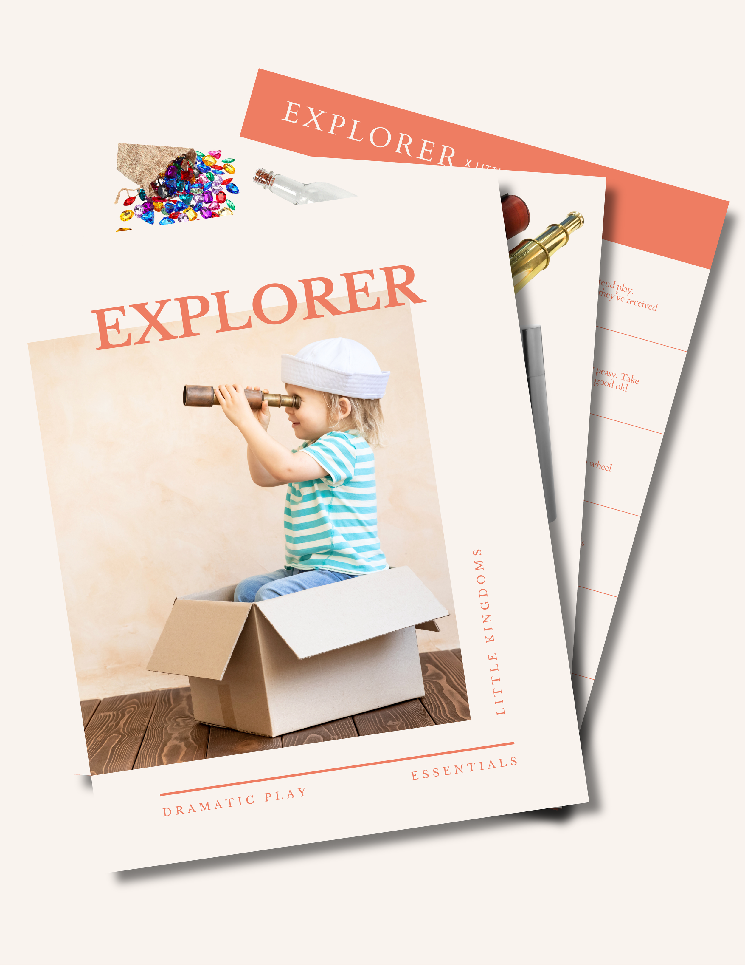 Explorer dramatic play guide PDF mockup with a tablet and preview pages showing toys like binoculars, a compass, and a pretend map.png