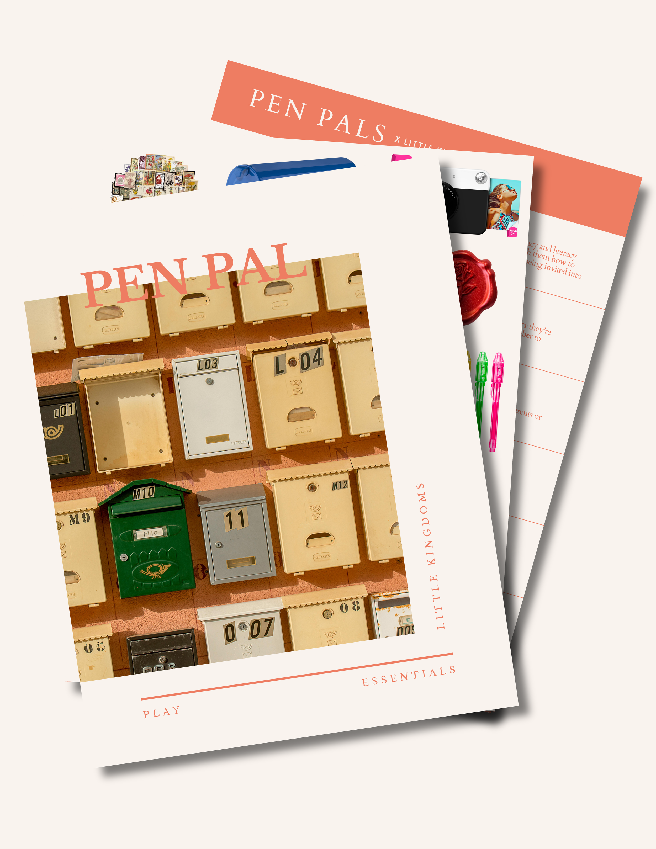 Pen Pal guide PDF mockup with a tablet and preview pages showing toys like stamps, stationery, and a play post office set..png