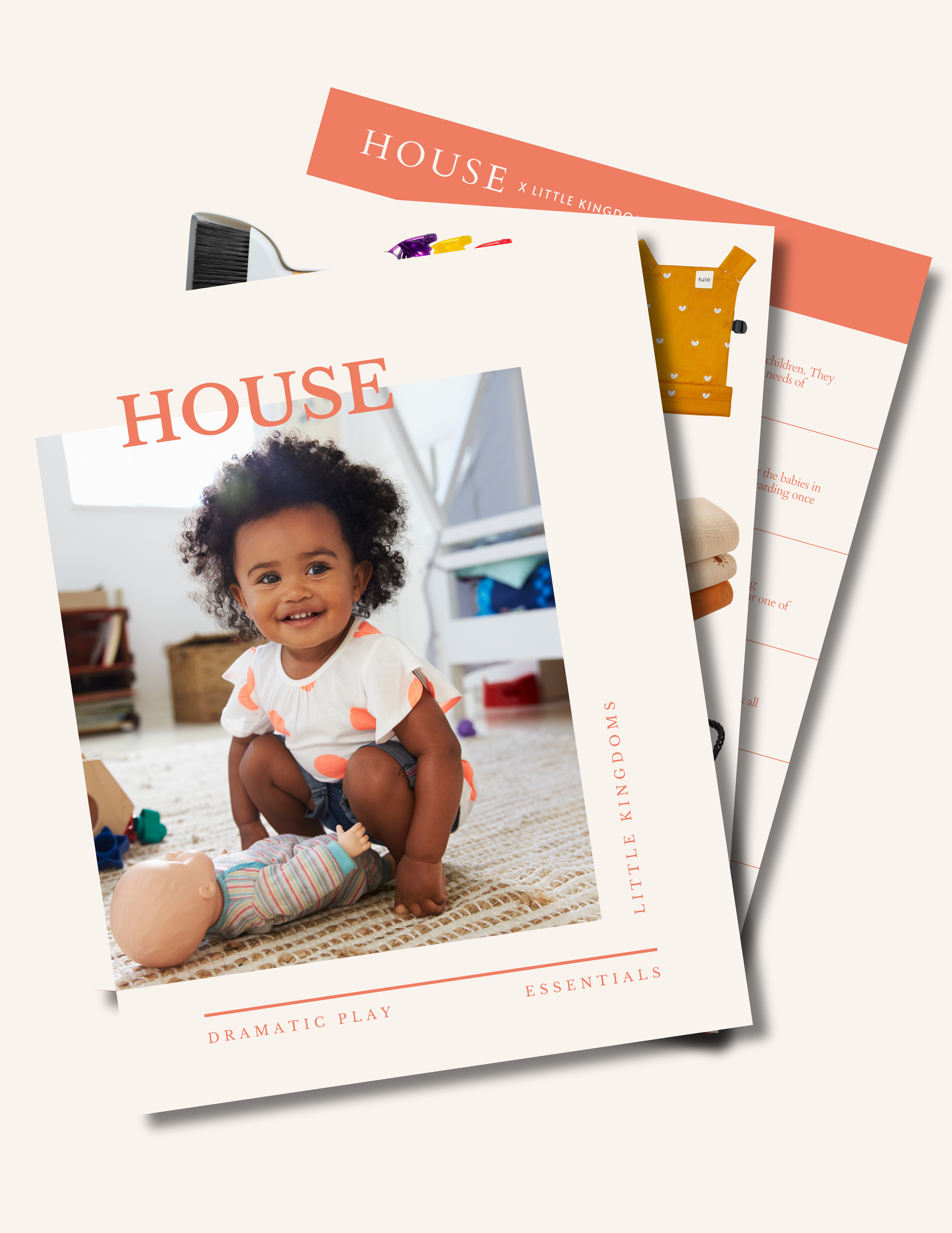 House dramatic play guide PDF mockup with a tablet and preview pages showing toys like a play kitchen, a vacuum, and a baby doll.png