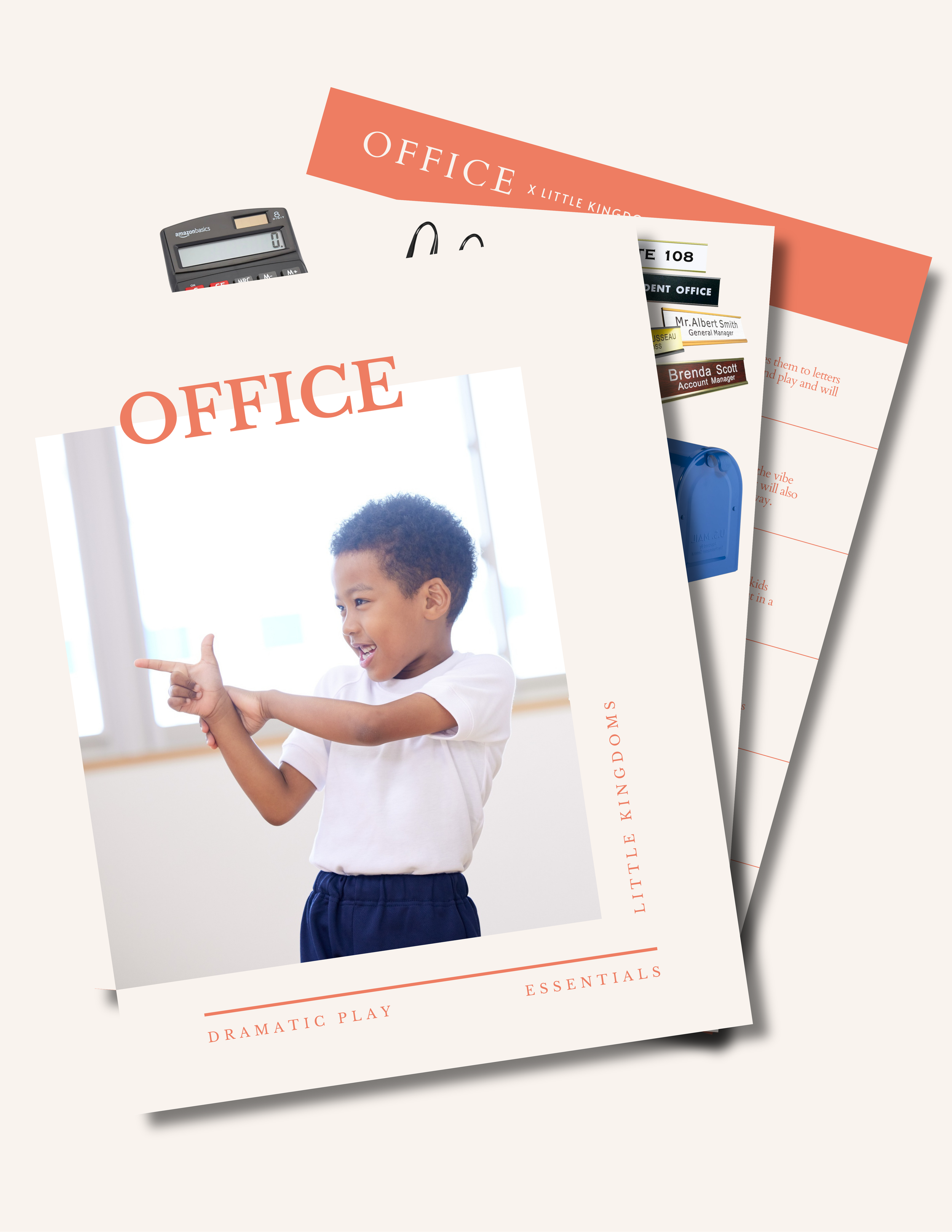 Office dramatic play guide PDF mockup with a tablet and preview pages showing toys like a phone, a laptop, and a desk.png