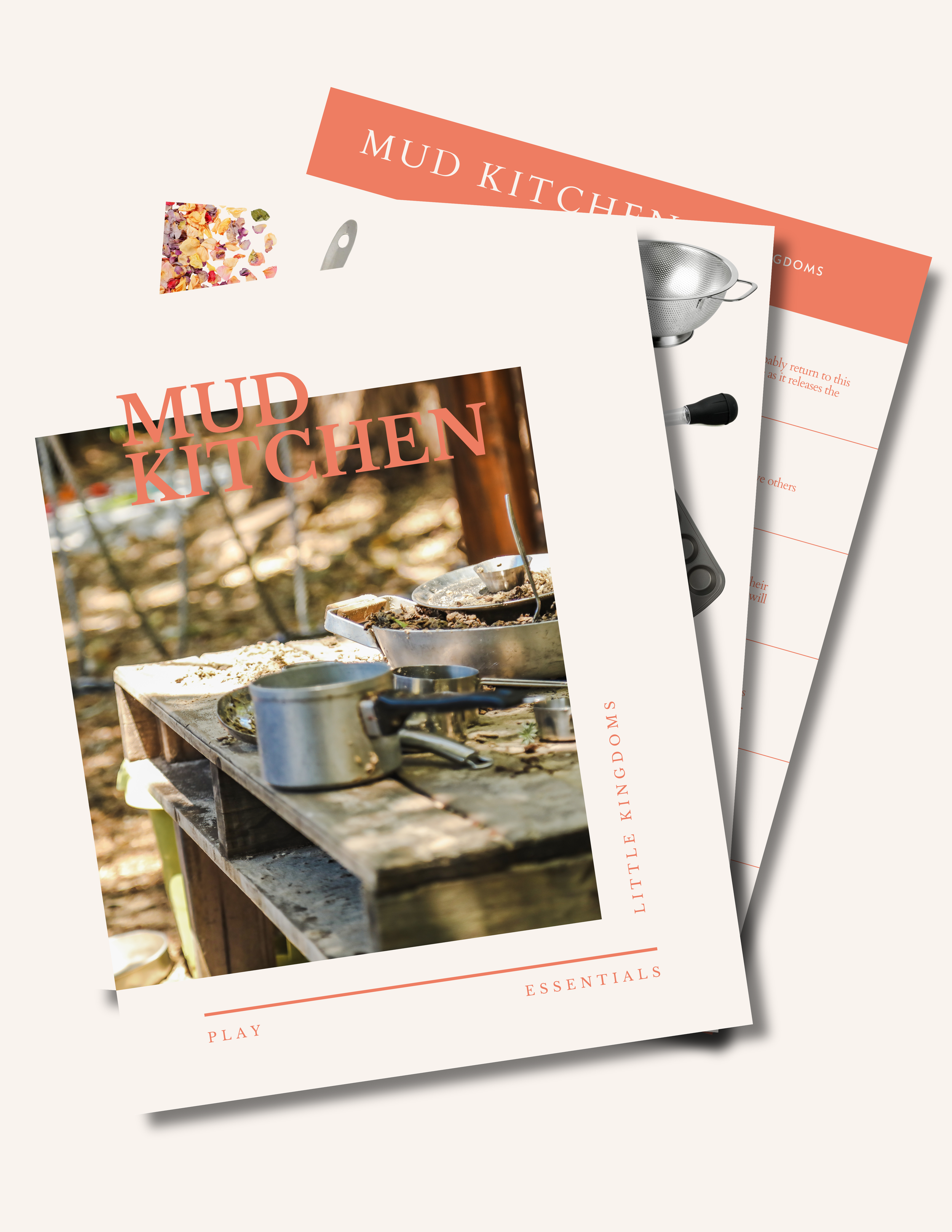 Mud kitchen guide PDF mockup with a tablet and preview pages showing toys like scoops, pots, and a kid playing in a mud kitchen.png