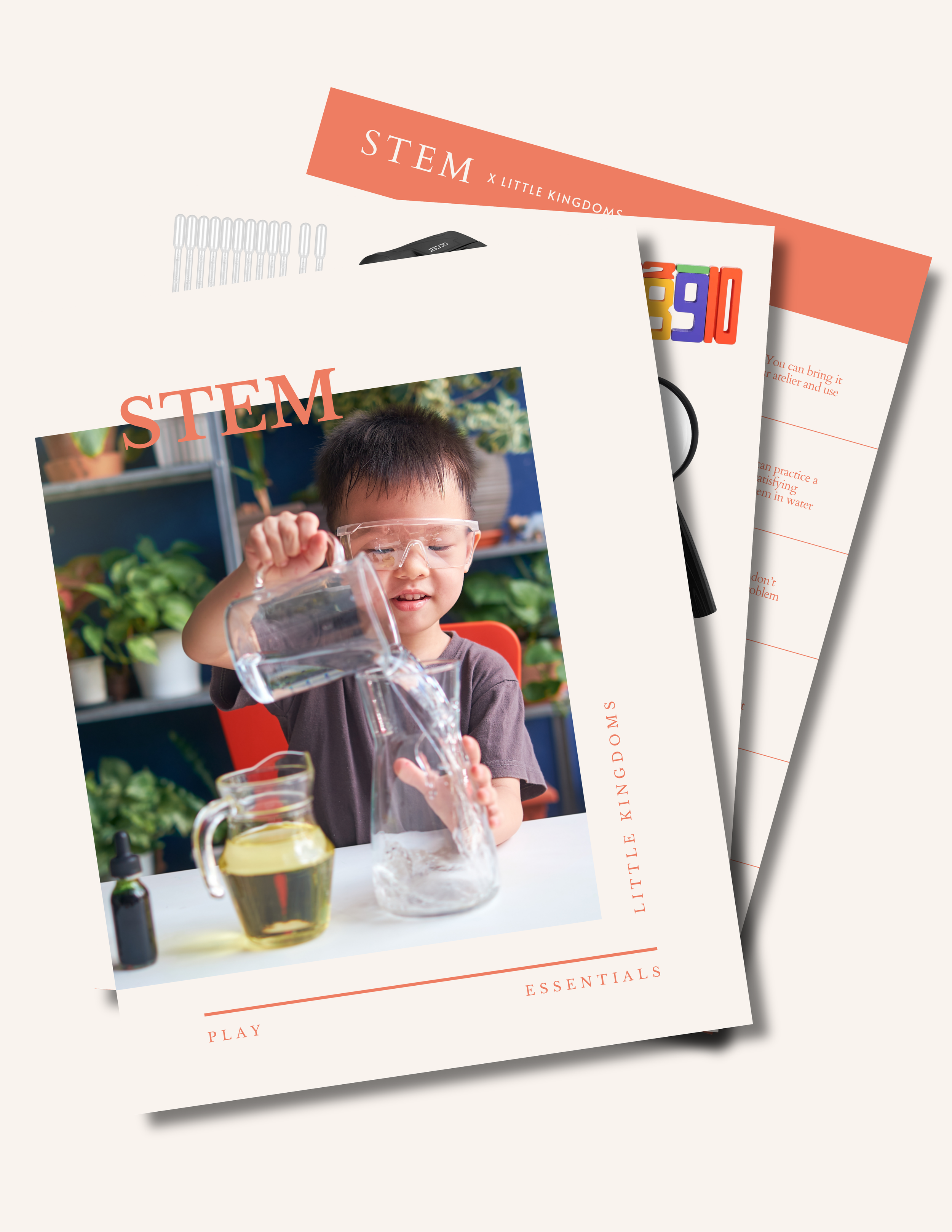 STEM Toy guide PDF mockup with a tablet and preview pages showing toys like experiment goggles, a science kit.png