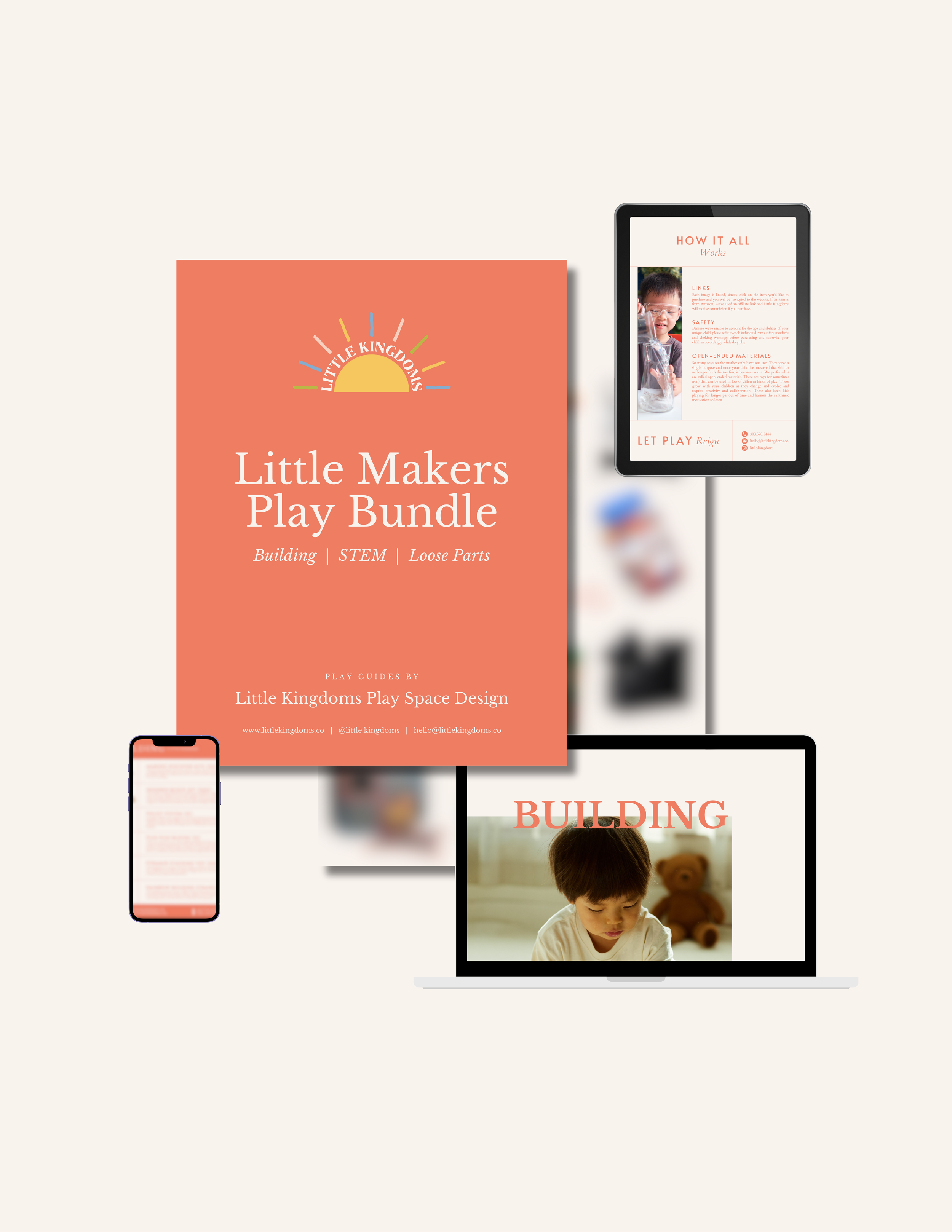 Mockup of a phone, tablet, and desktop computer displaying the Little Maker's Play Pack, which contains the Building, STEM, and Loose Parts toy guides..png