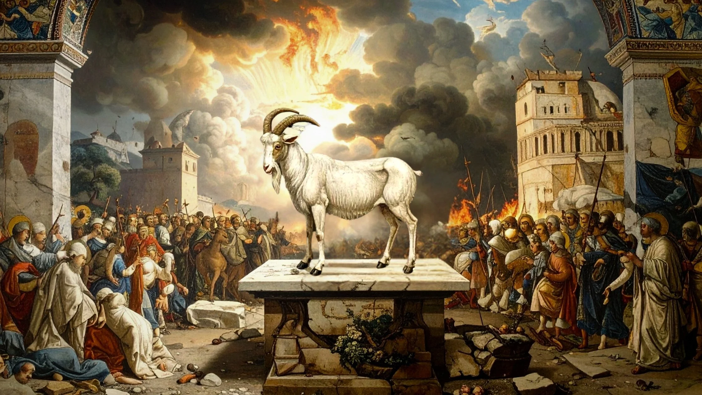 Image of a goat standing on an altar surrounded by war and conflict