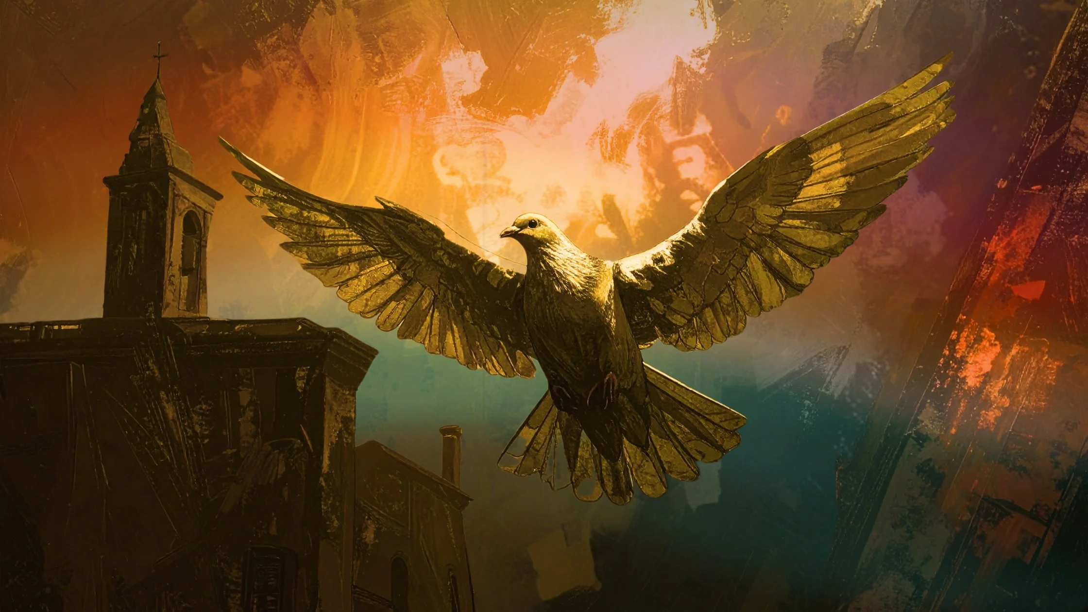 Image of an old pastor walking past a darkened church. A small flower representing hope can be seen off to the side.