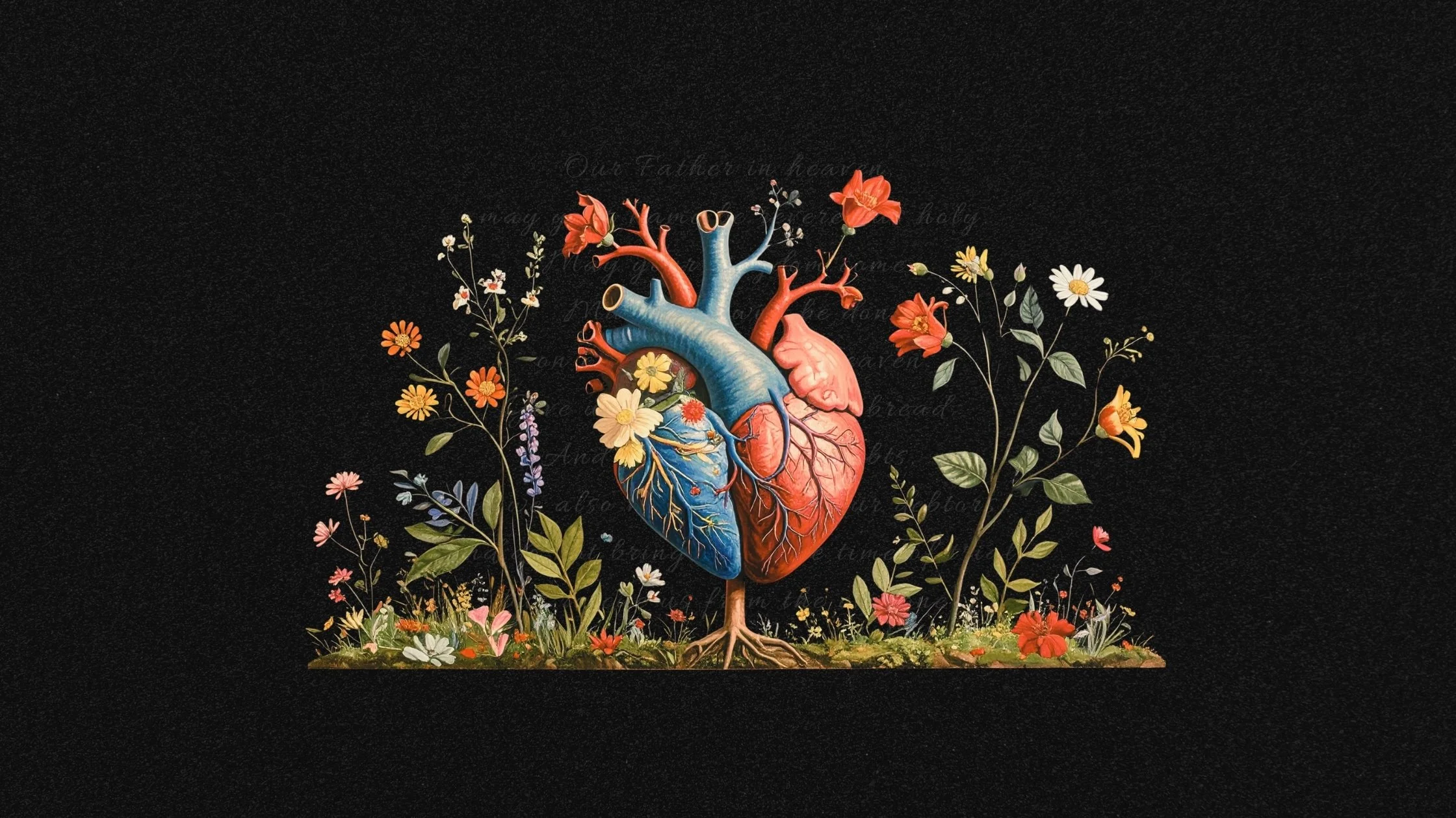 Image of a human heart growing in a field of wild flowers with the text of the Lord's Prayer in the background