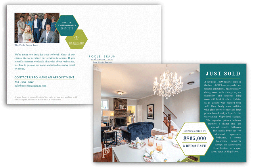 Marketing mailer designs for Poole Braun Real Estate Team in Northern Virginia.