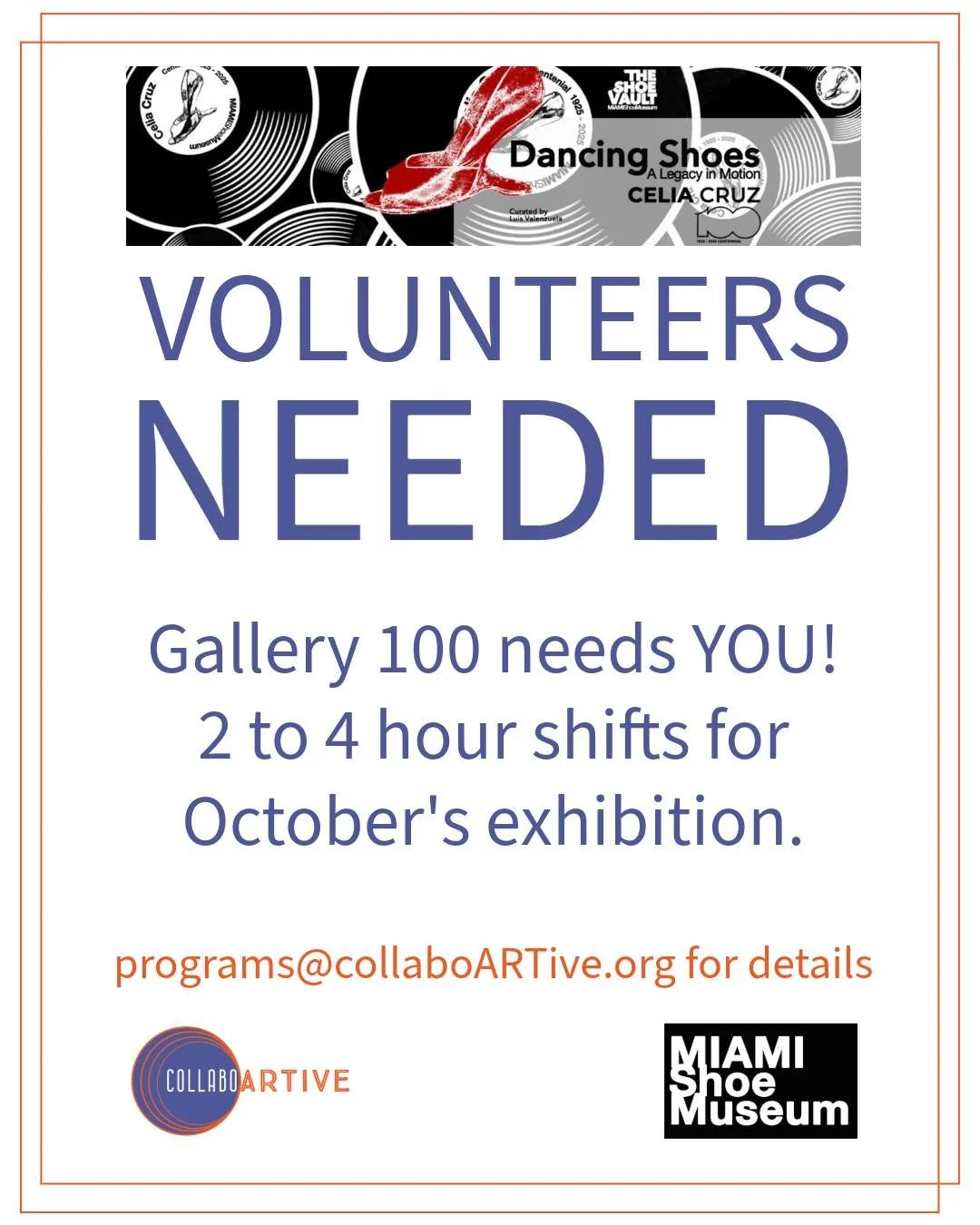 🎨 ¡SE NECESITAN VOLUNTARIOS! 🎨

¡Gallery 100 te necesita para algo especial! ✨

Este octubre, Noche de Arte se asocia con @miamishoesmuseum para una celebración del Centenario de Celia Cruz en @intercontinentalmiami Gallery 100. Piensa en todo lo que puedas imaginar