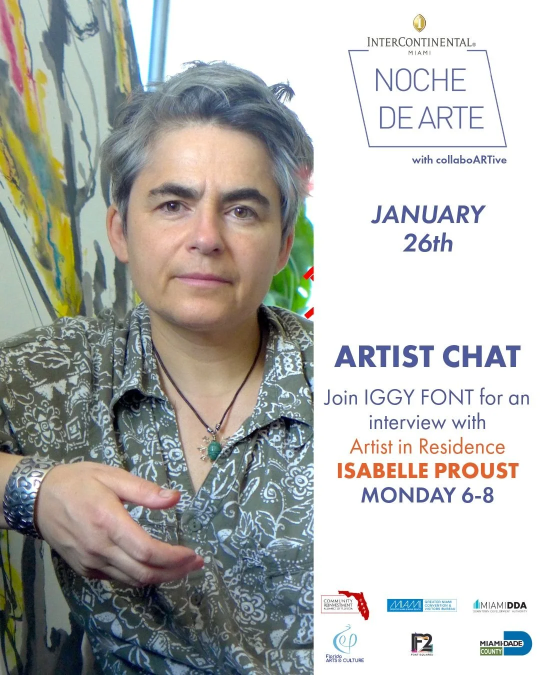 🎤 Artist Chat: Isabelle Proust

Join Iggy Font for an intimate conversation with Artist in Residence Isabelle Proust. Hear her story&mdash;from Paris to San Francisco to Miami&mdash;and discover what drives her bold, expressive work.

A French-Ameri
