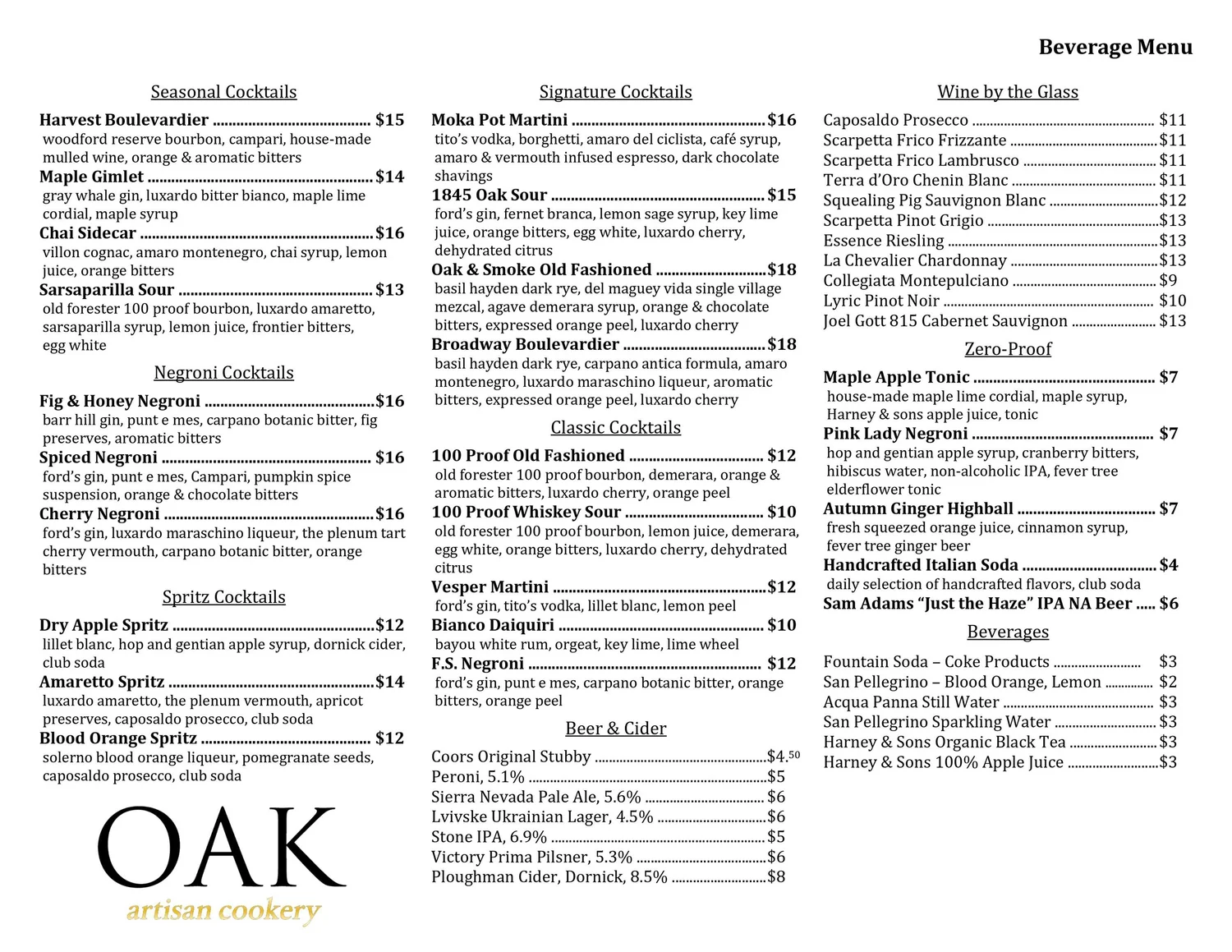 Bar and Wine Menu — Oak Artisan Cookery