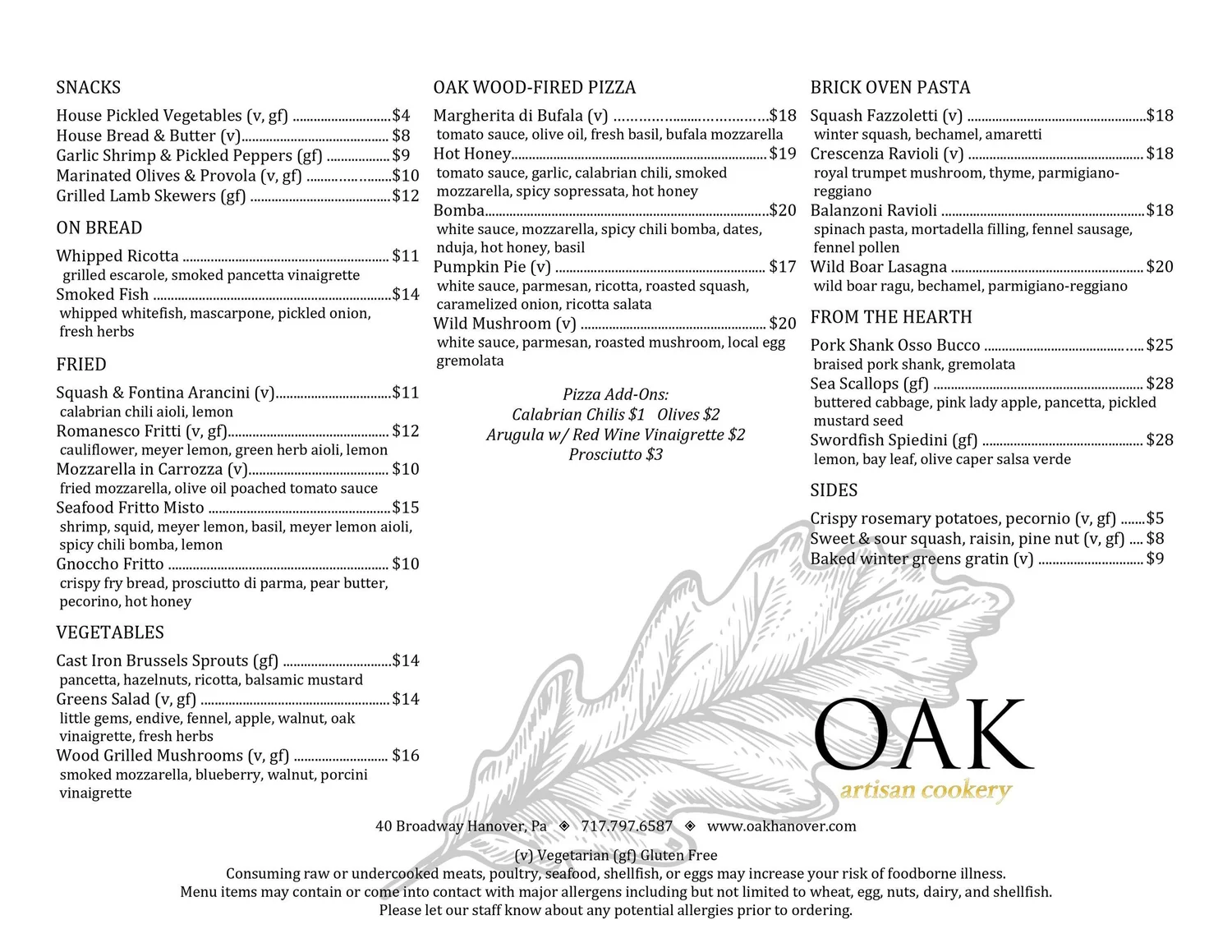 Menu — Oak Artisan Cookery
