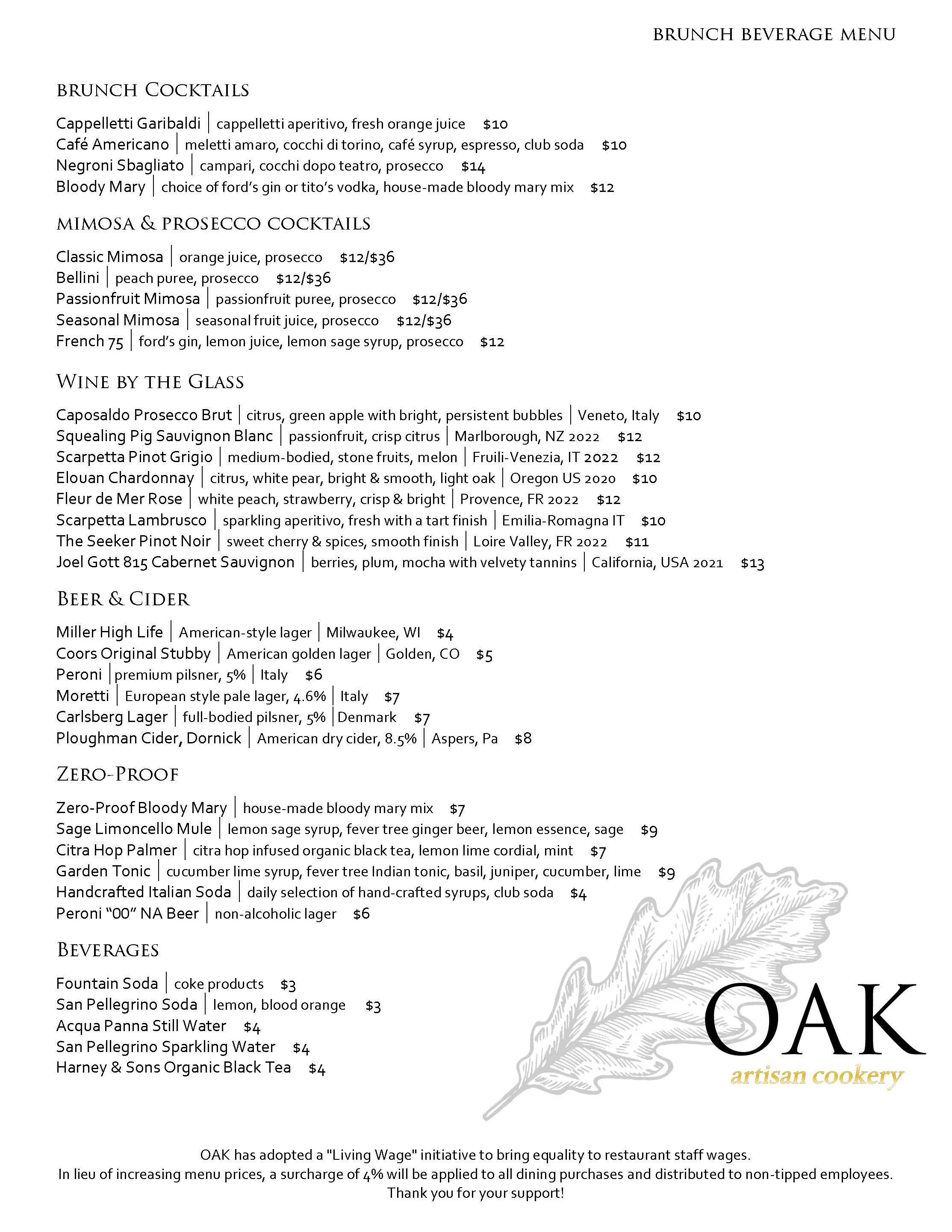 Bar Menu — Oak Artisan Cookery