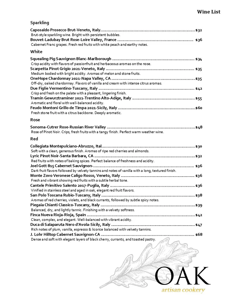 Bar and Wine Menu — Oak Artisan Cookery