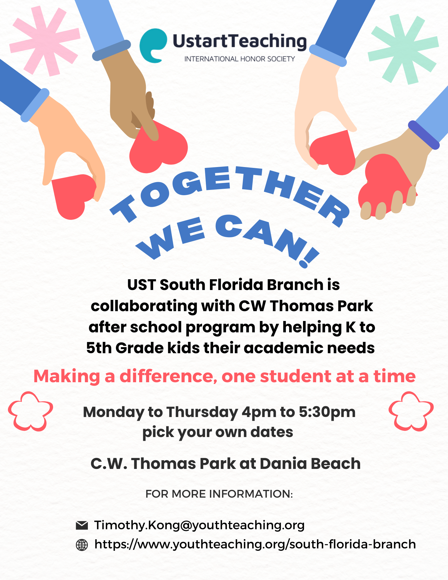 Flyer for UstartTeaching South Florida branch. Features illustrations of hands holding hearts, a message 'Together We Can!', and event details for after-school tutoring collaboration helping K-5 students. Includes contact info and website.